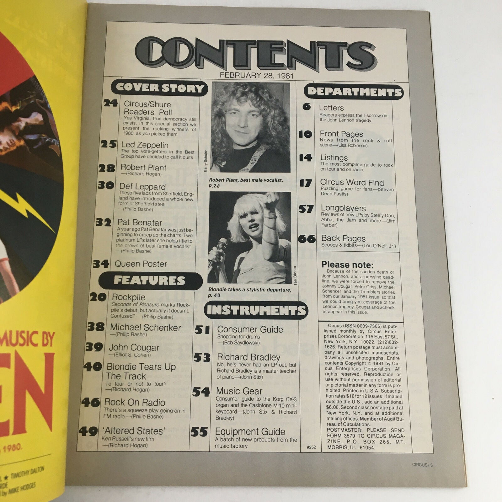 Circus Magazine February 28 1981 Pat Benatar Robert Plant Queen Poster No Label