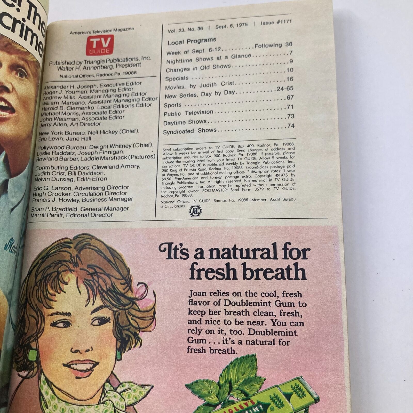 TV Guide Magazine September 6 1975 issue #1171 featuring local program listings, editorial credits and advertisement for Doublemint Gum.