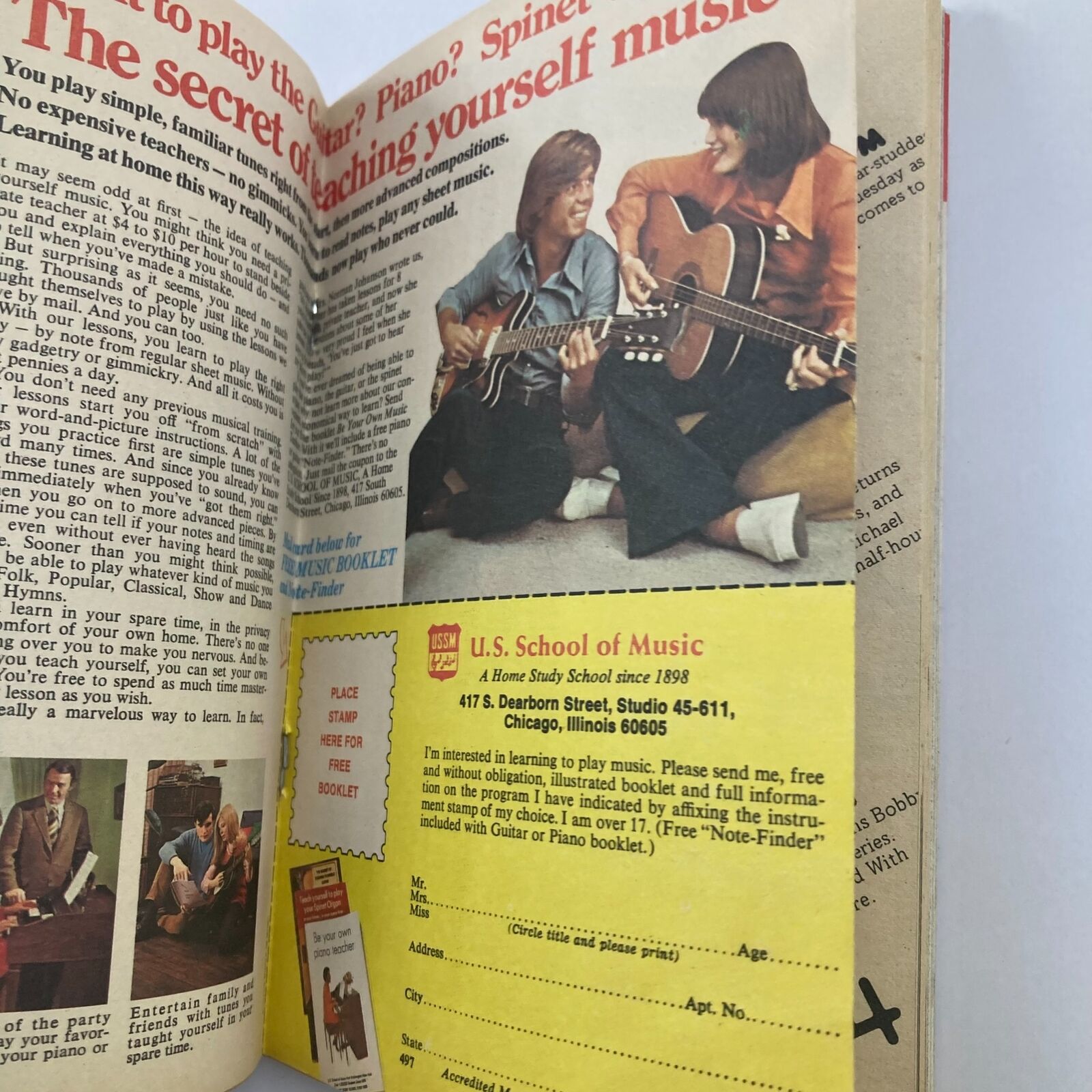 TV Guide Magazine September 6 1975 issue #1171 showcasing an advertisement for the U.S. School of Music, promoting self-teaching for music players.