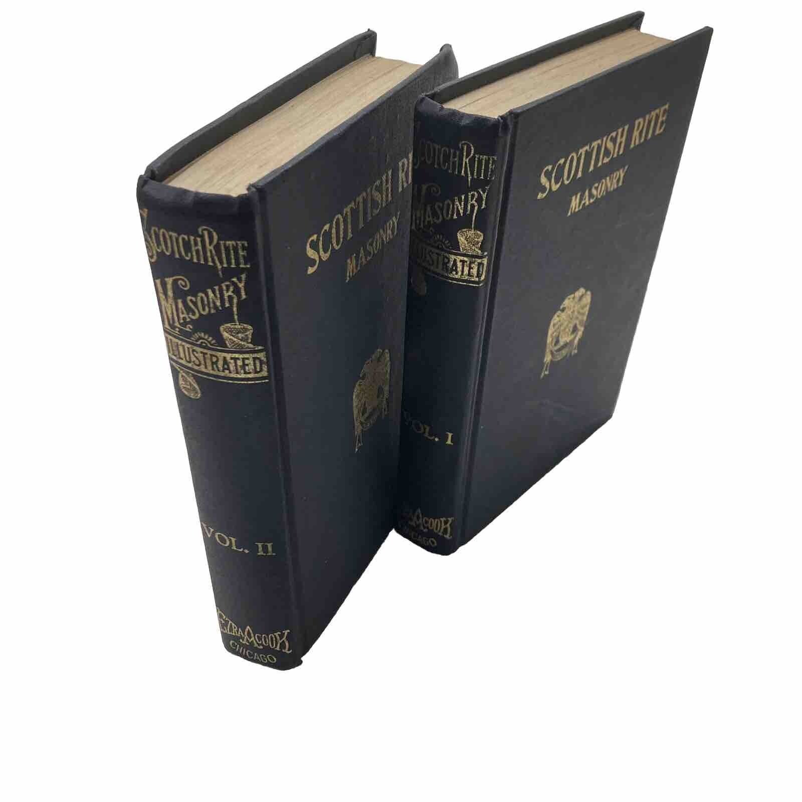 Scotch Rite Masonry Illustrated 1979 by Jonathan Blanchard, showcasing both volumes in a well-preserved condition, featuring dark blue covers with golden lettering.