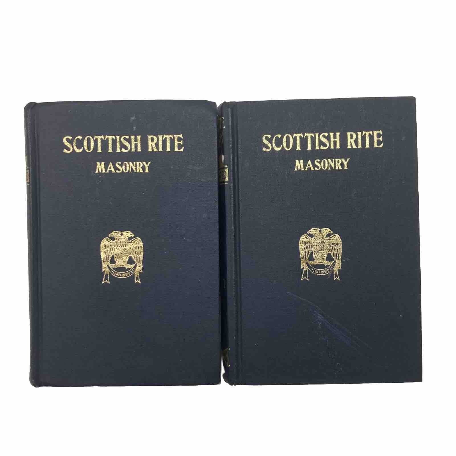 Scotch Rite Masonry Illustrated 1979 by Jonathan Blanchard, displaying the covers of both books, featuring a classic design with gold embellishments on dark blue background.