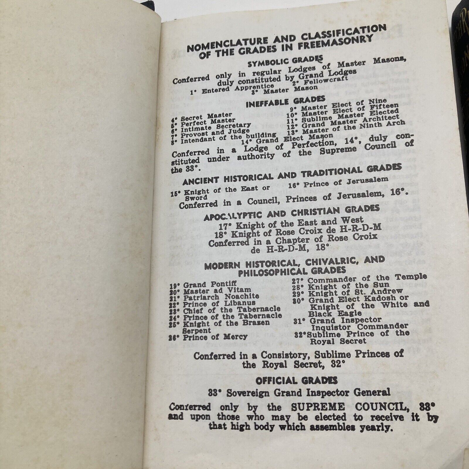 Nomenclature and classification of the grades in Freemasonry from 'Scotch Rite Masonry Illustrated 1979: The Complete Ritual Jonathan Blanchard' showing detailed categories and symbols.