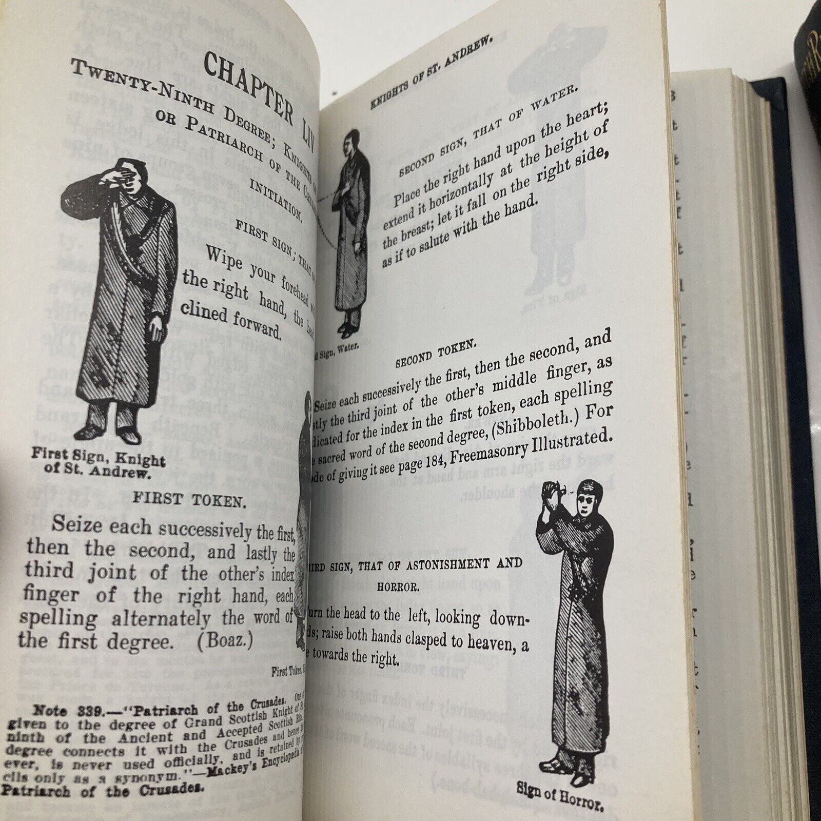 Illustrations depicting signs and tokens for the Knights of St. Andrew from 'Scotch Rite Masonry Illustrated 1979: The Complete Ritual Jonathan Blanchard'.