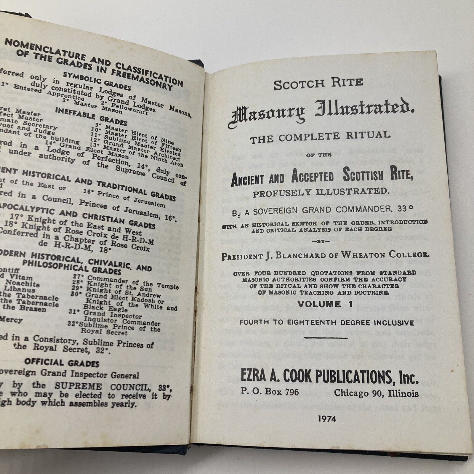 Title page and preface of 'Scotch Rite Masonry Illustrated 1979: The Complete Ritual Jonathan Blanchard' with Masonic insignia and publisher information.