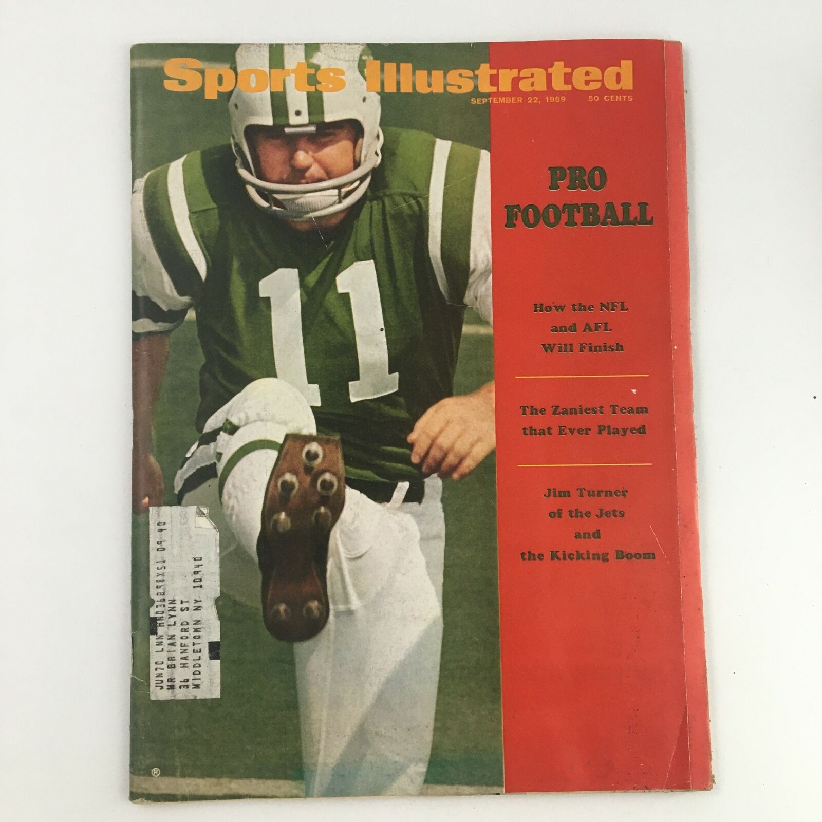 Sports Illustrated Magazine September 22 1969 Jim Turner of the Jets & Kicking