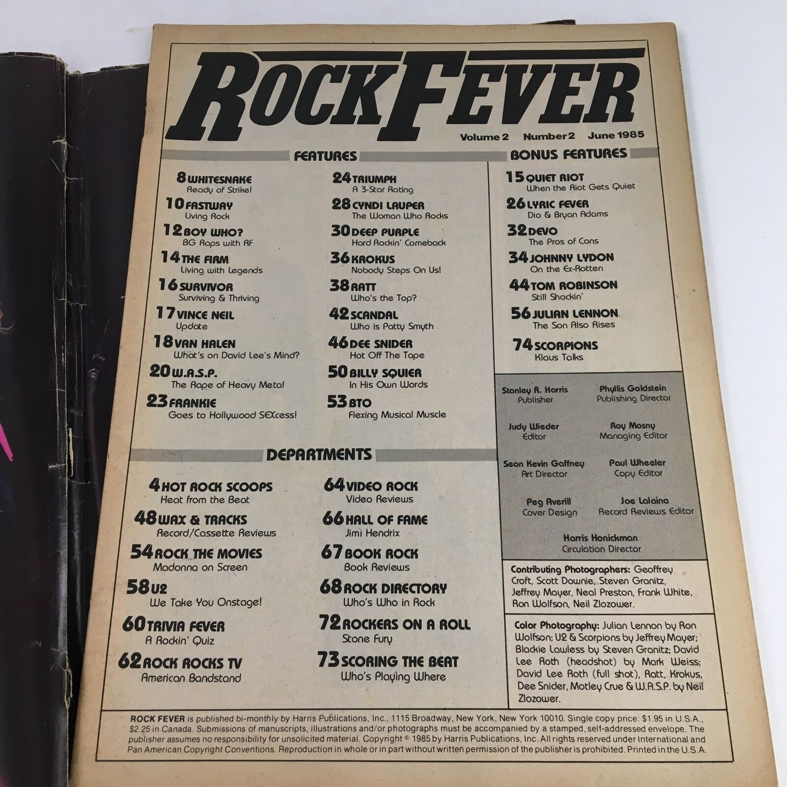 Contents page of Rock Fever Magazine June 1985 Vol 2 #2 listing features such as Whitesnake, U2, and heavy metal bands, showcasing the vibrant rock culture of the era.