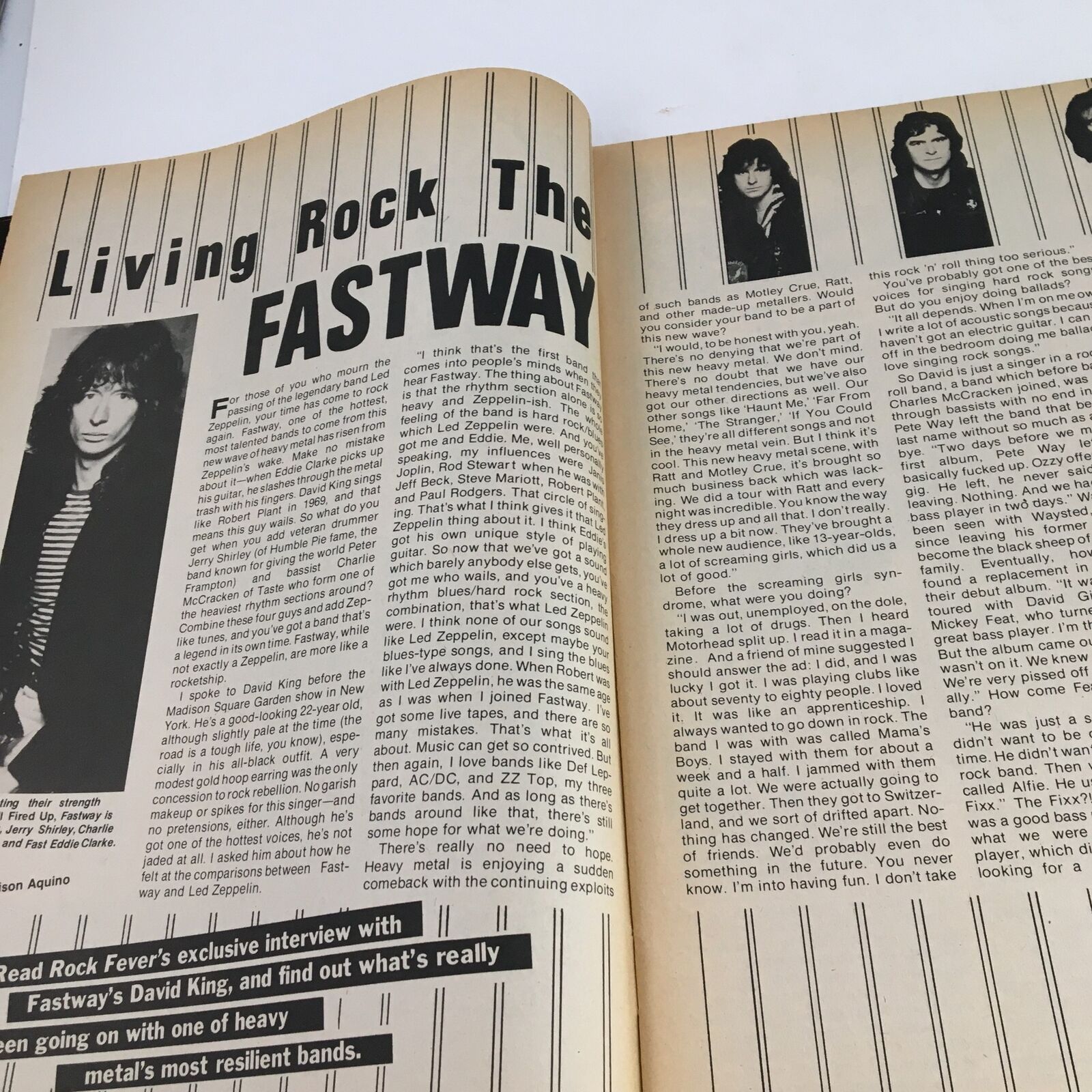 An article spread from Rock Fever Magazine June 1985, Vol 2 #2, featuring an exclusive interview with David King of Fastway, discussing the rock music scene and his experiences with the band.