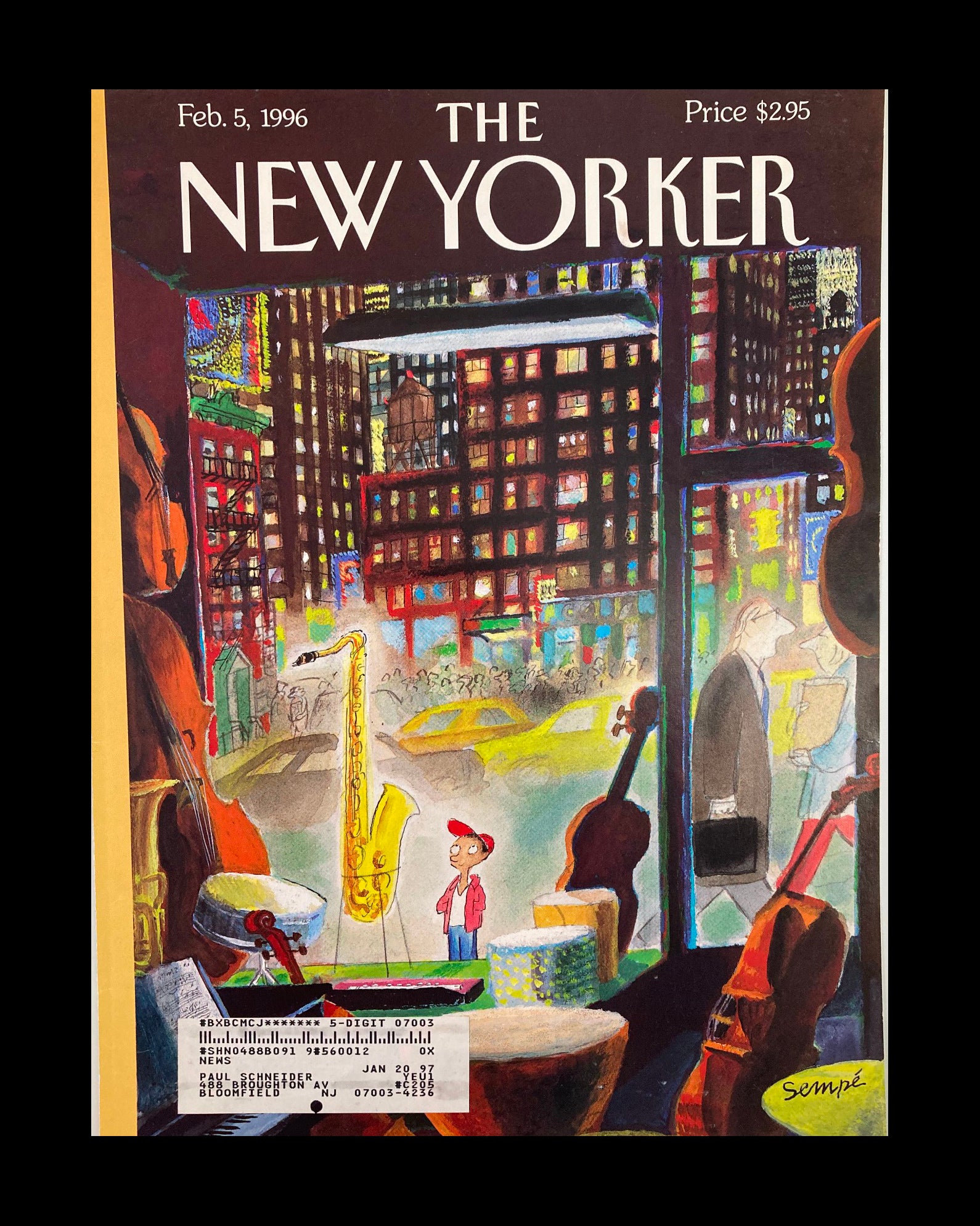 COVER ONLY The New Yorker February 5 1996 Holy Saxophone by J-J Sempe