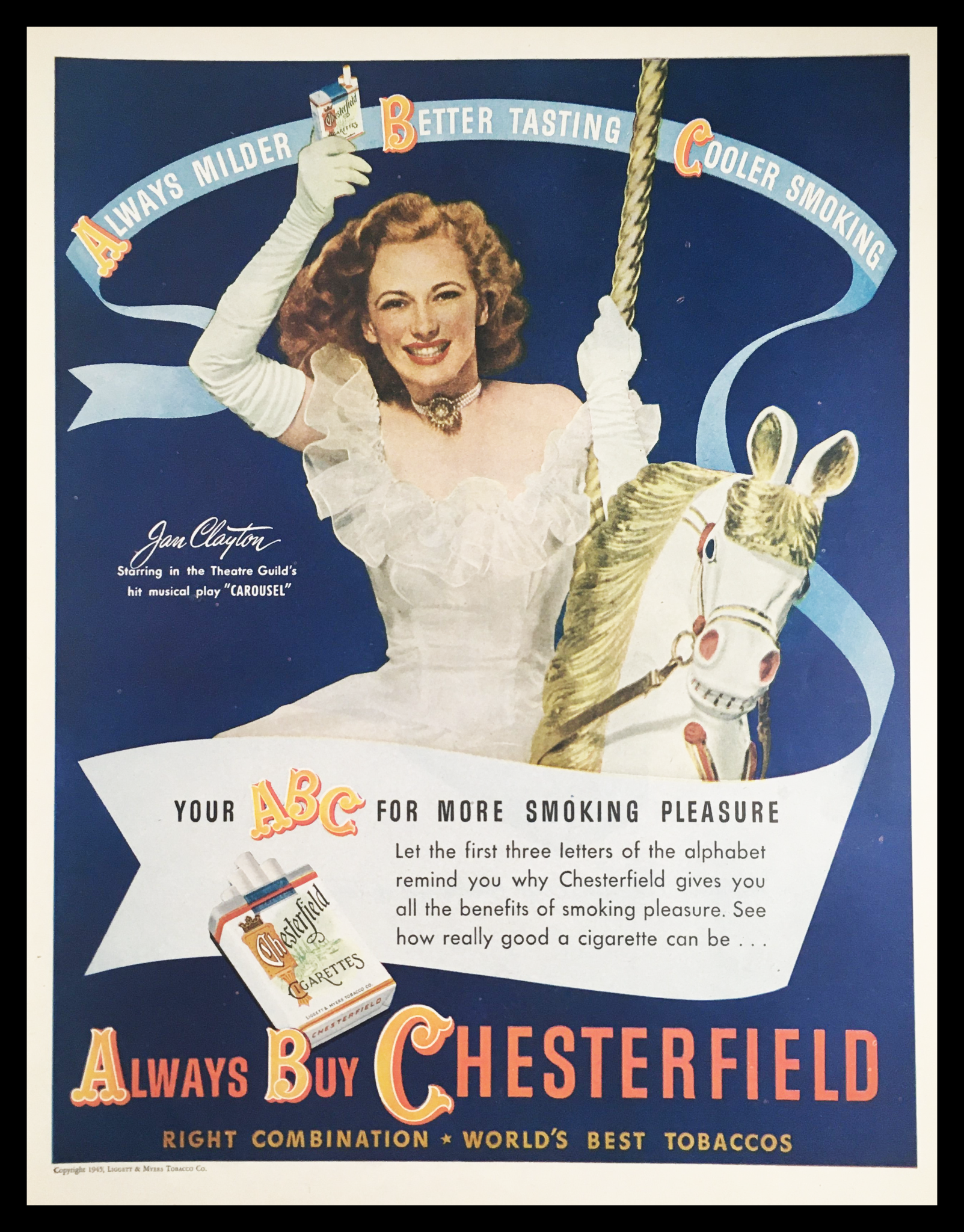 1945 Chesterfield Cigarettes Best Tobaccos Vintage Print Ad