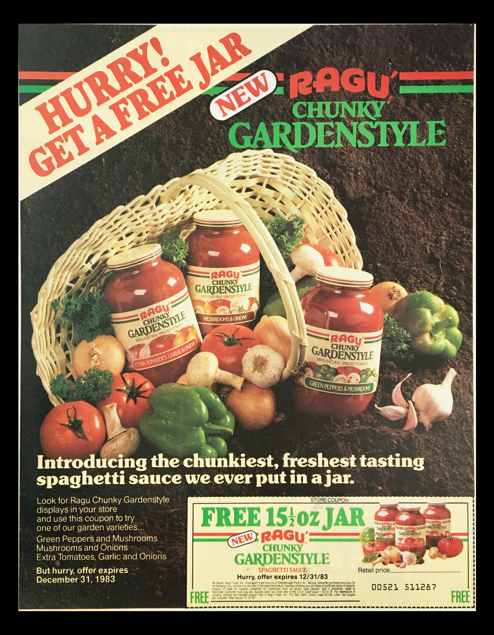 1983 Ragu Chunky Gardenstyle Spaghetti Sauce Circular Coupon Advertisement