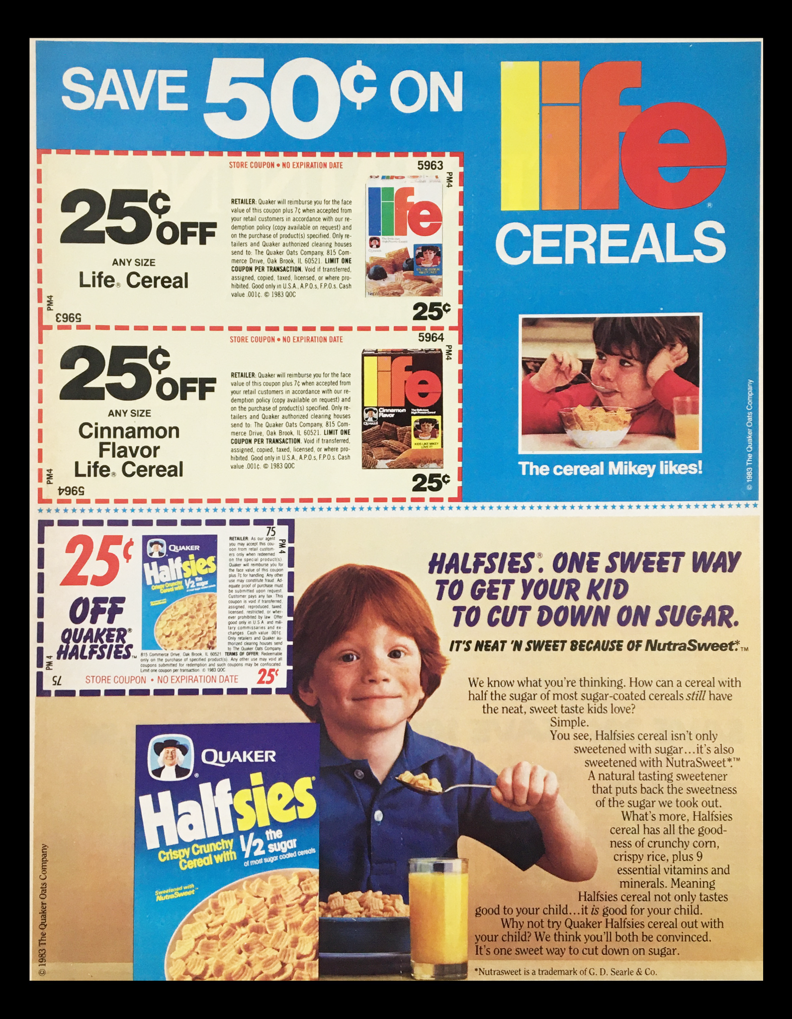 1983 Quaker Halfsies Crispy Crunchy Cereals Circular Coupon Advertisement