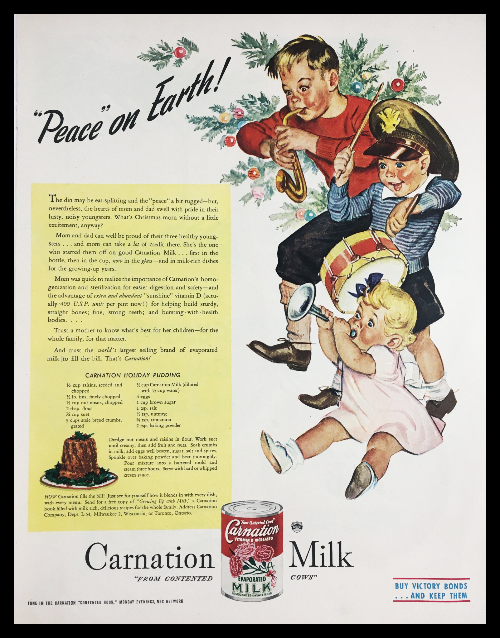 1945 Carnation Evaporated Cow's Milk Vintage Print Ad