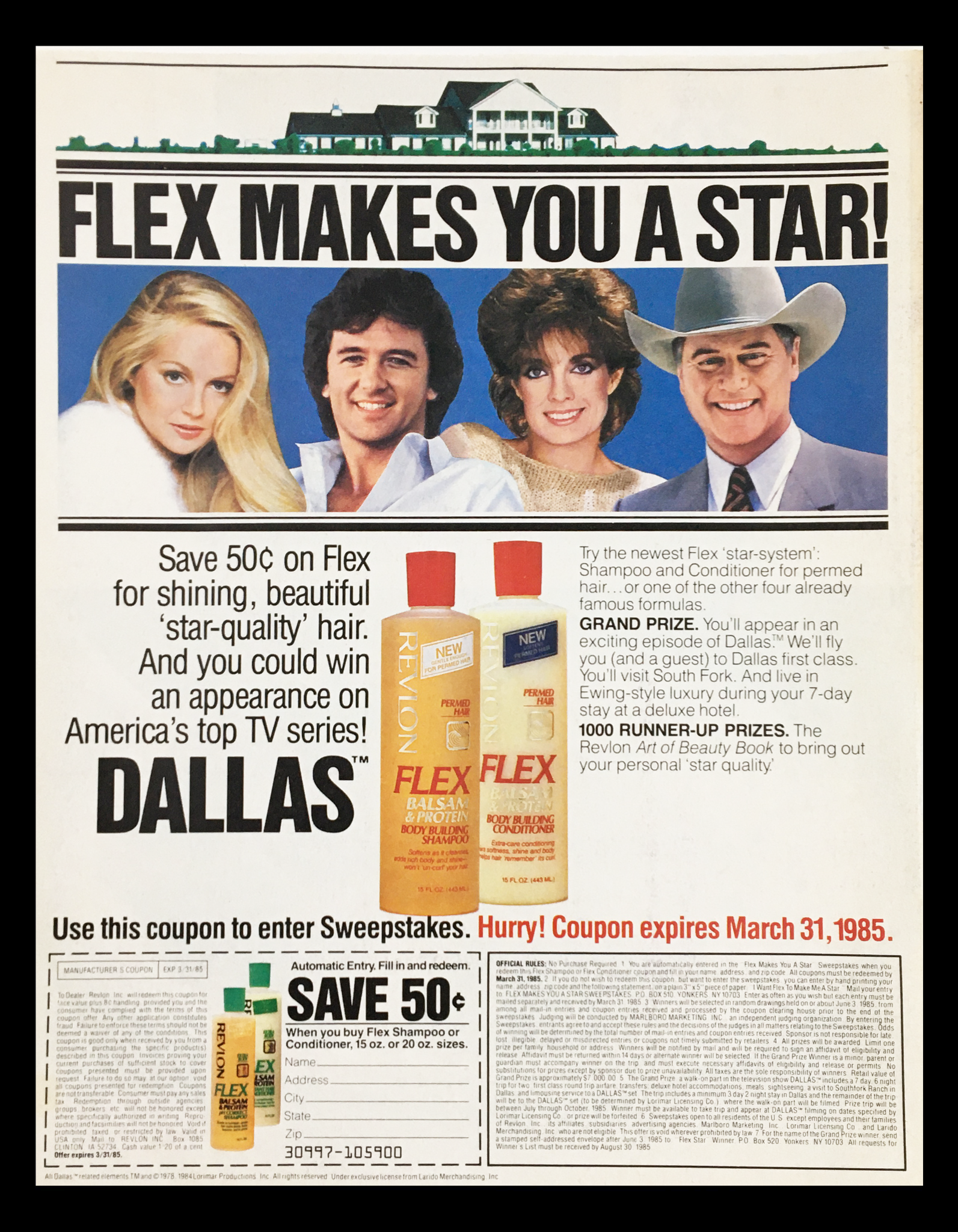 1985 Revlon Flex Body Building Shampoo Circular Coupon Advertisement