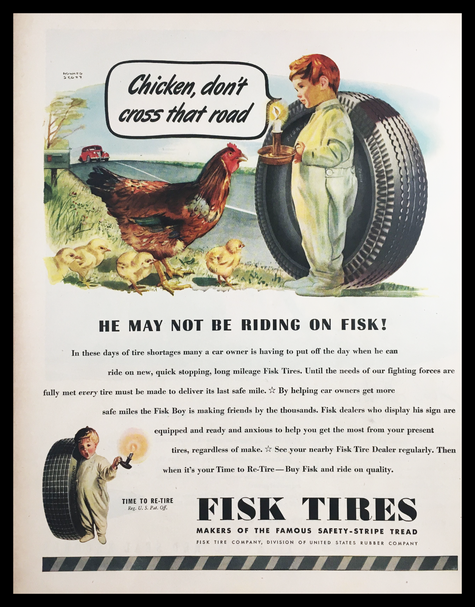 1945 Fisk Tires Famous Safety-Stripe Tread Vintage Print Ad