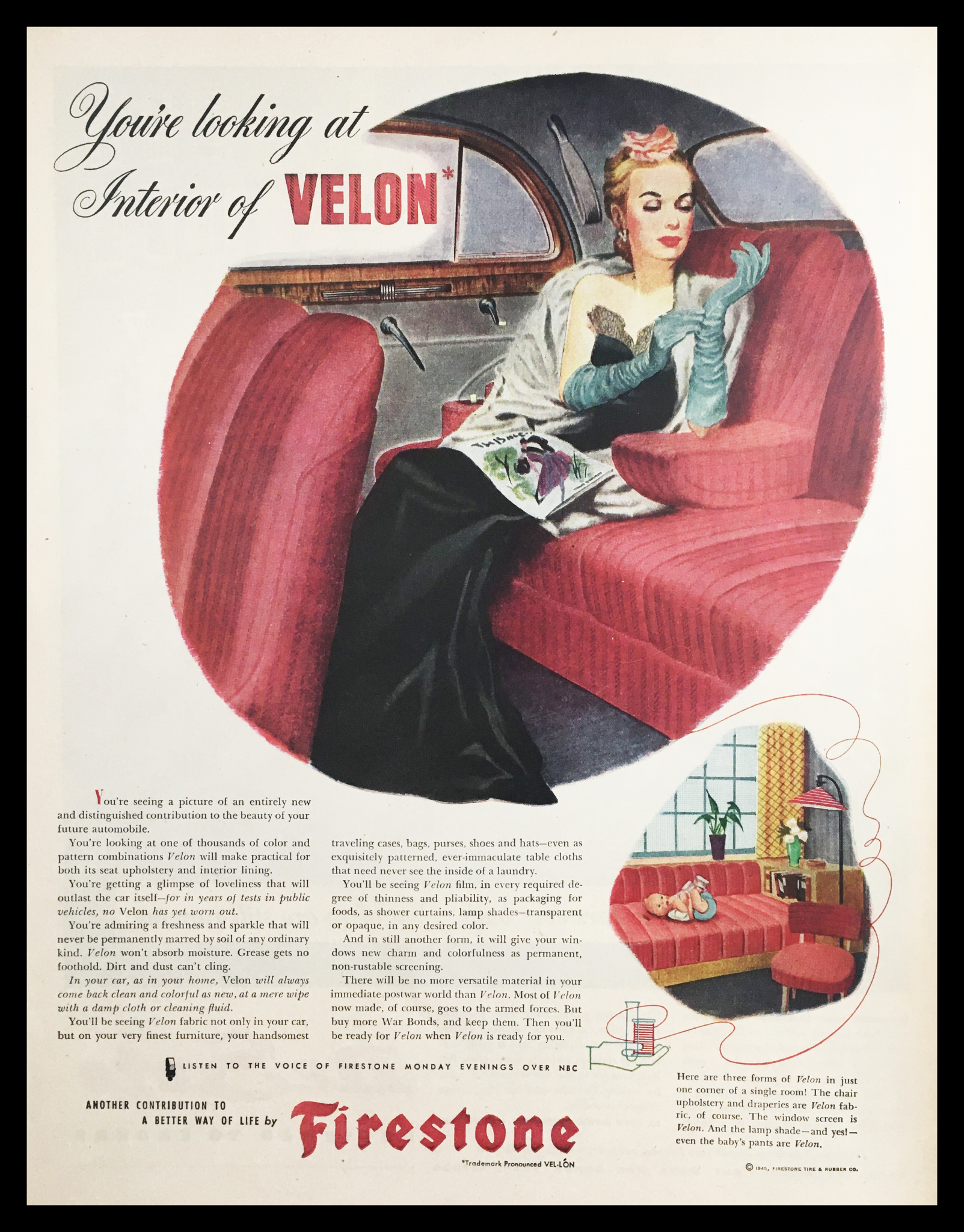 1945 Firestone Interior of Velon Fabric Vintage Print Ad