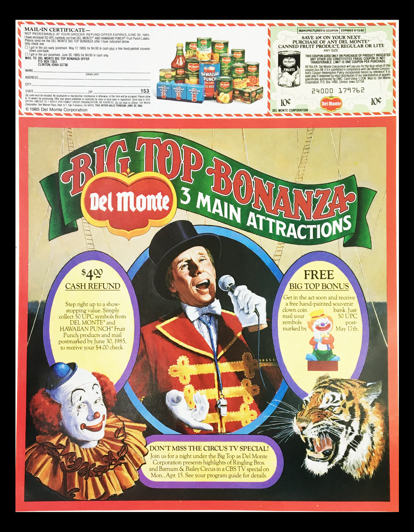 1985 Del Monte Big Top Bonanza Circular Coupon Advertisement