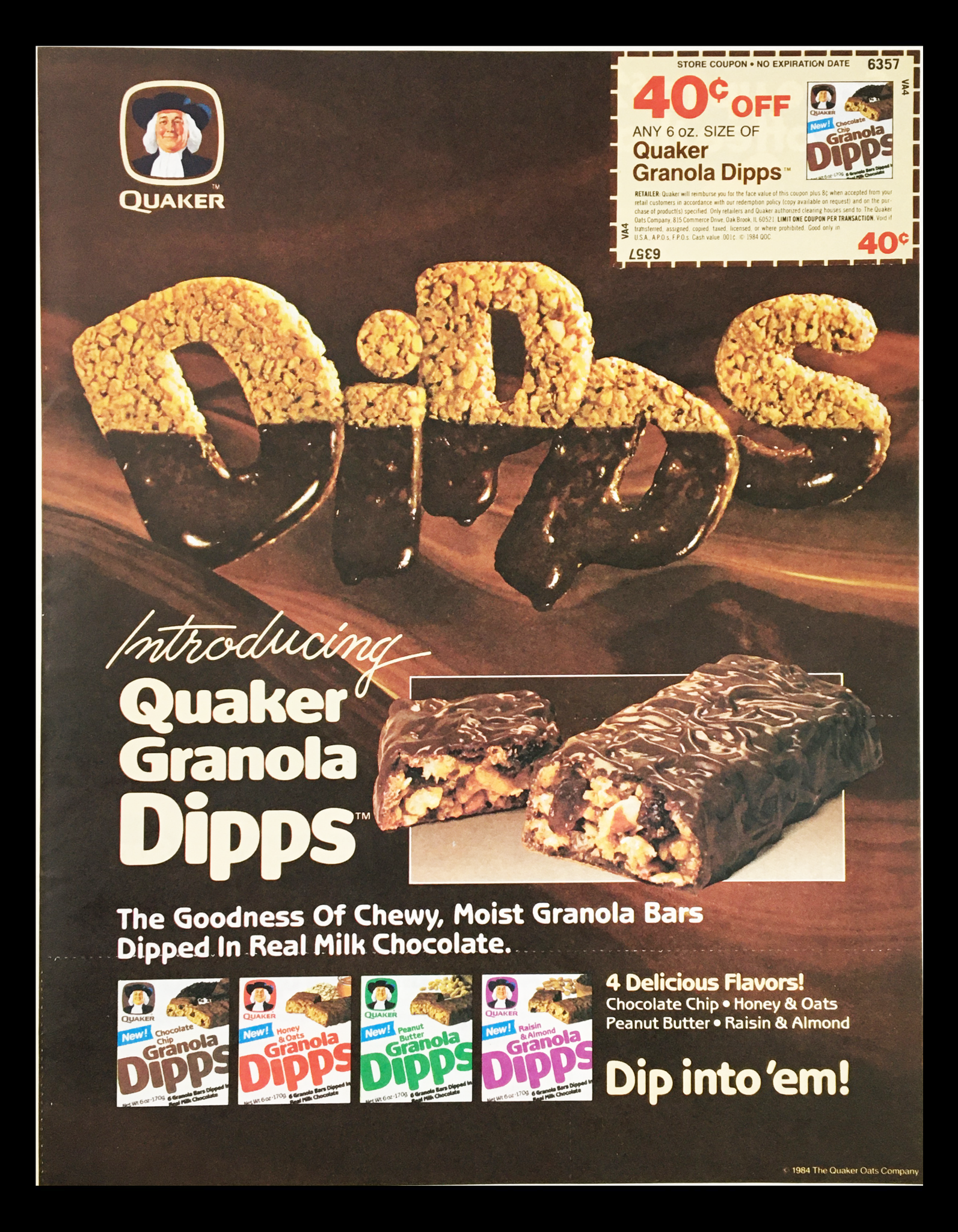 1984 Quaker Granola Dipps Real Milk Chocolate Circular Coupon Advertisement