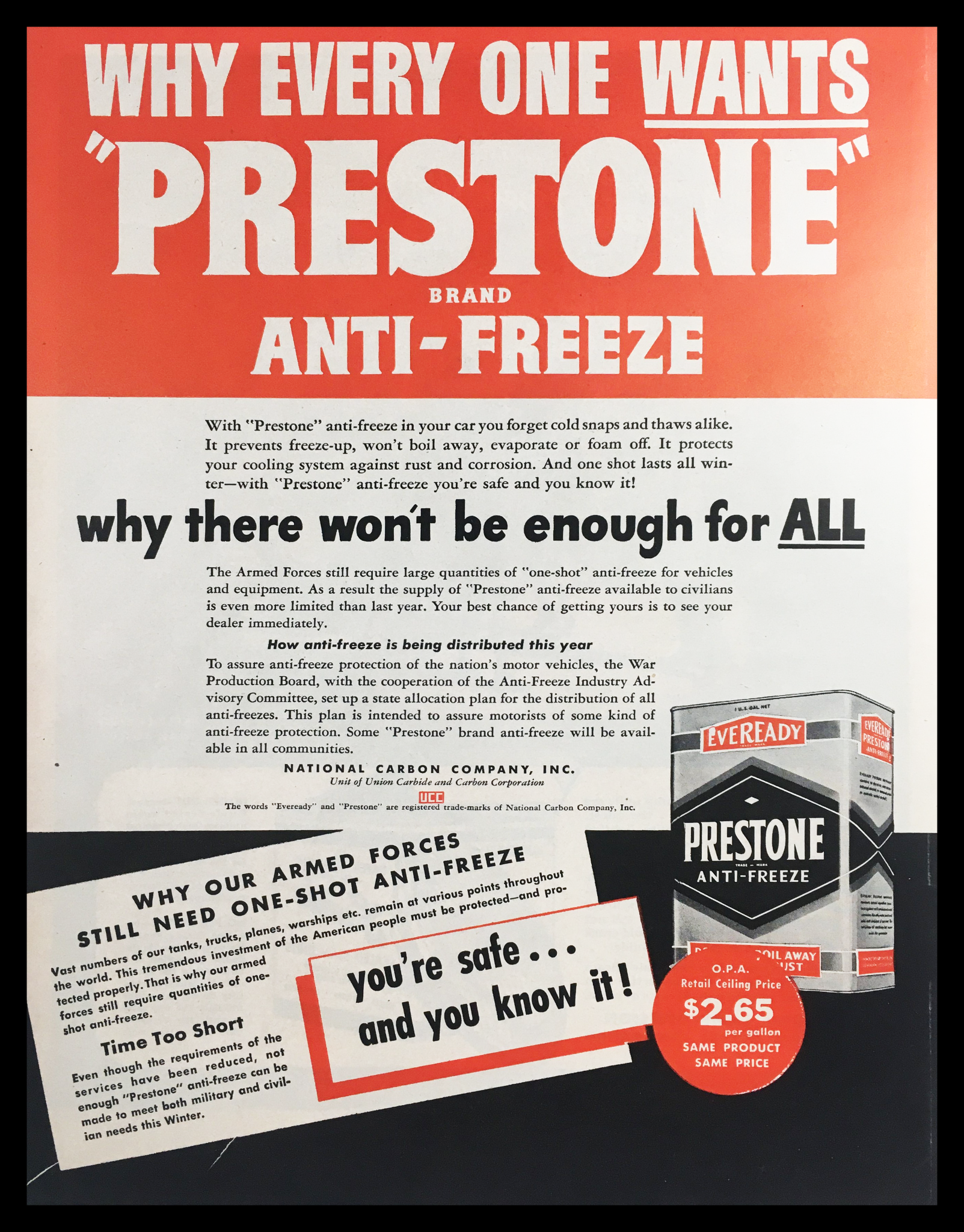 1945 Eveready Prestone Anti Freeze Vintage Print Ad