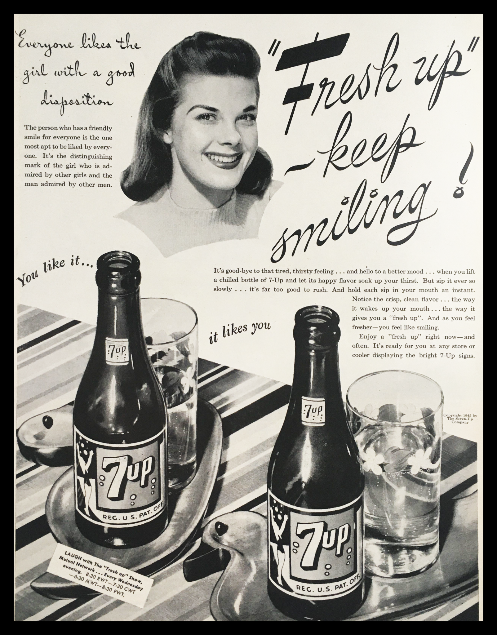 1945 7-Up Sparkling Fresh-Up Keep Smiling Vintage Print Ad