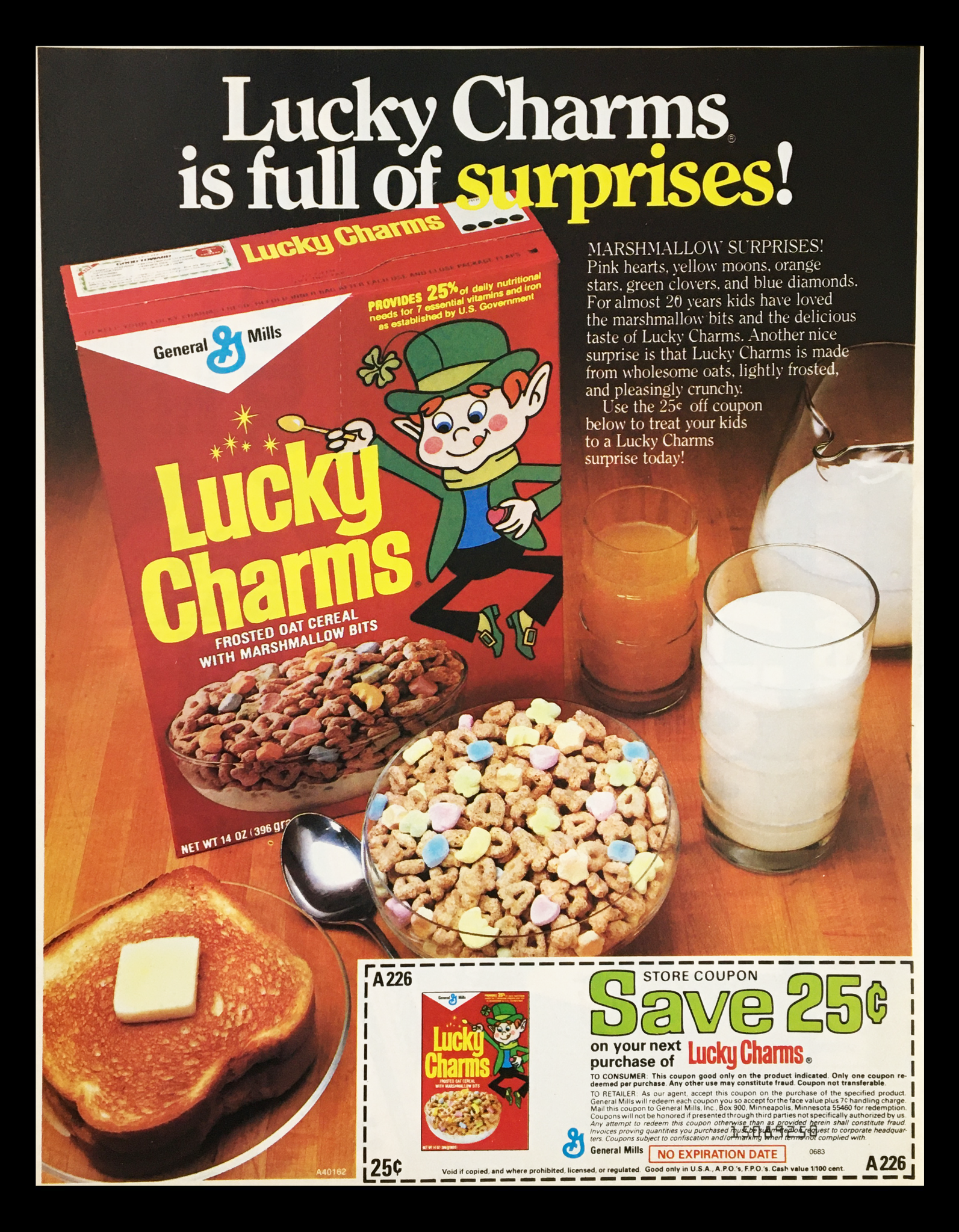 1983 General Mills Lucky Charms Frosted Oat Cereal Circular Coupon Advertisement