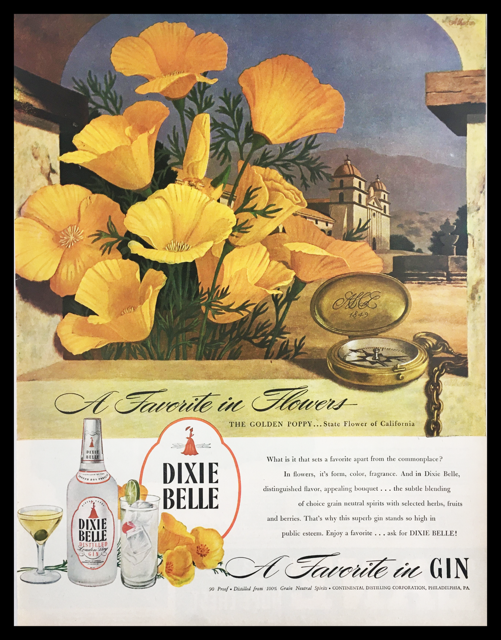 1945 Dixie Belle Distilled London Dry Gin Vintage Print Ad