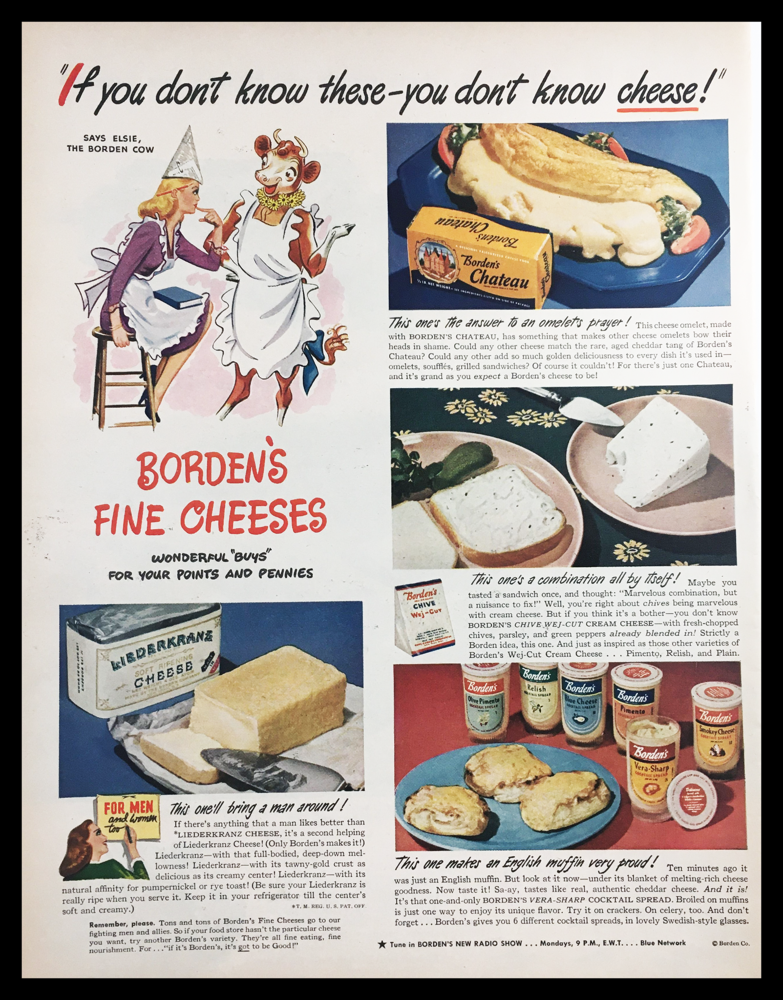 1945 Borden's Fine Cheeses Wonderful Buys Vintage Print Ad