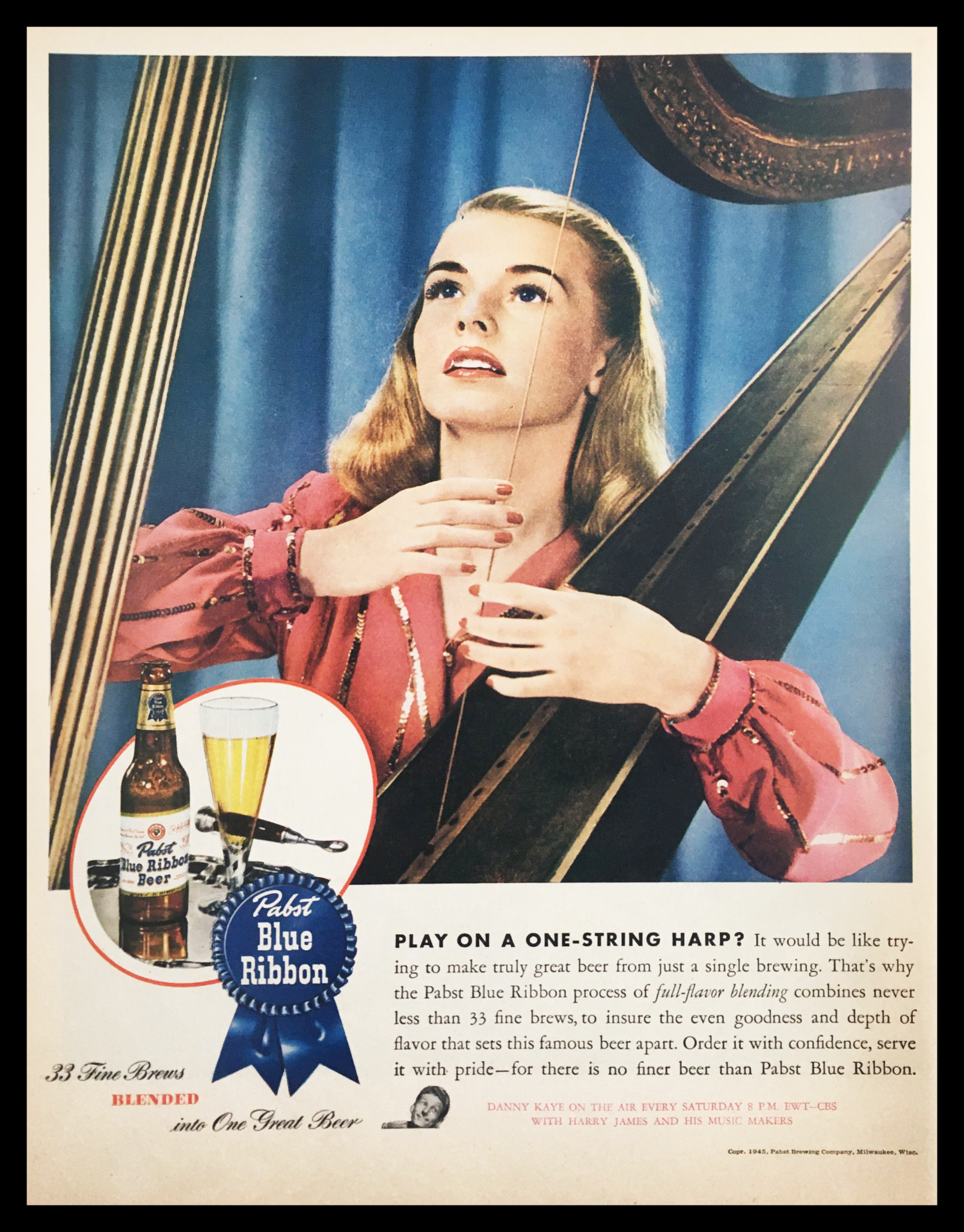 1945 Pabst Blue Ribbon Fine Brews Blended One Great Beer Vintage Print Ad