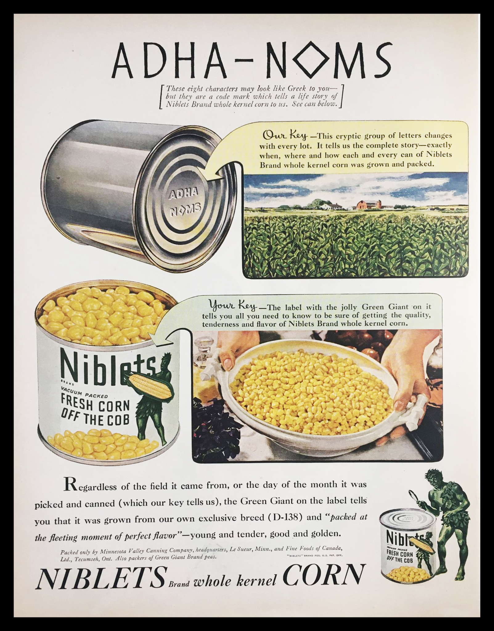 1945 Niblets Brand Whole Kernel Corn Vintage Print Ad