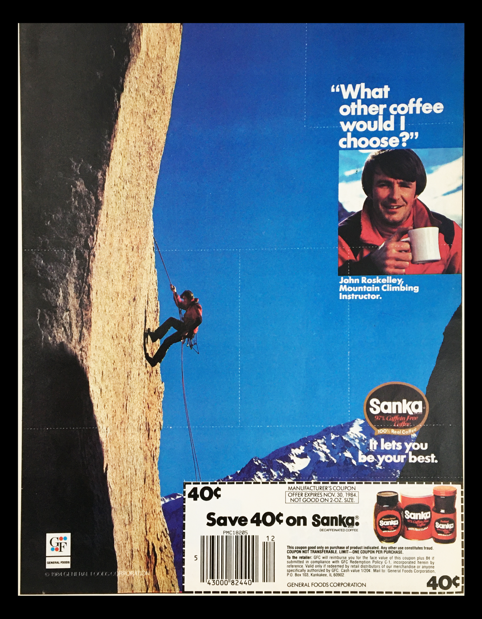 1984 Sanka Coffee feat. John Roskelley Circular Coupon Advertisement