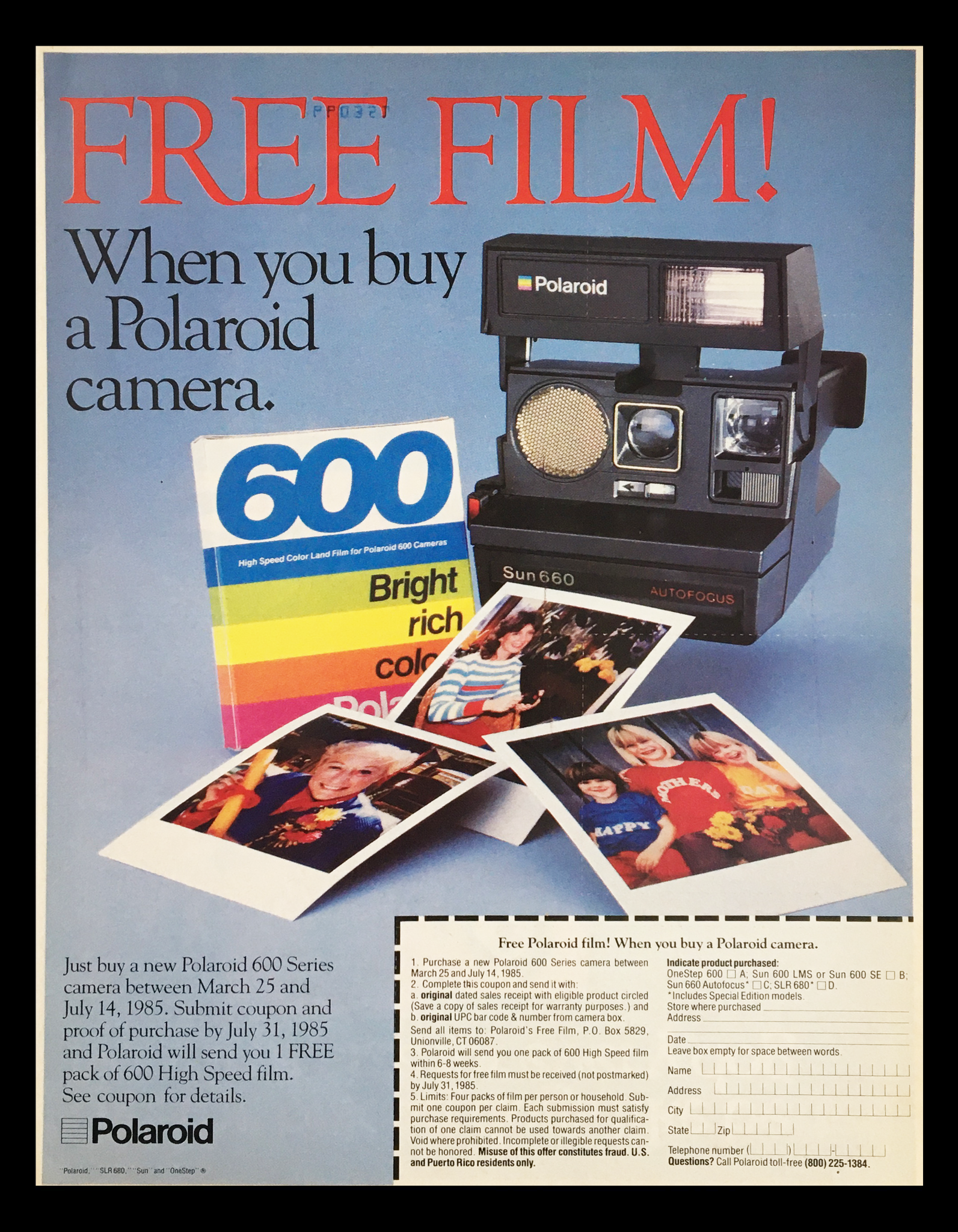 1985 Polaroid Sun 660 Autofocus Camera Circular Coupon Advertisement