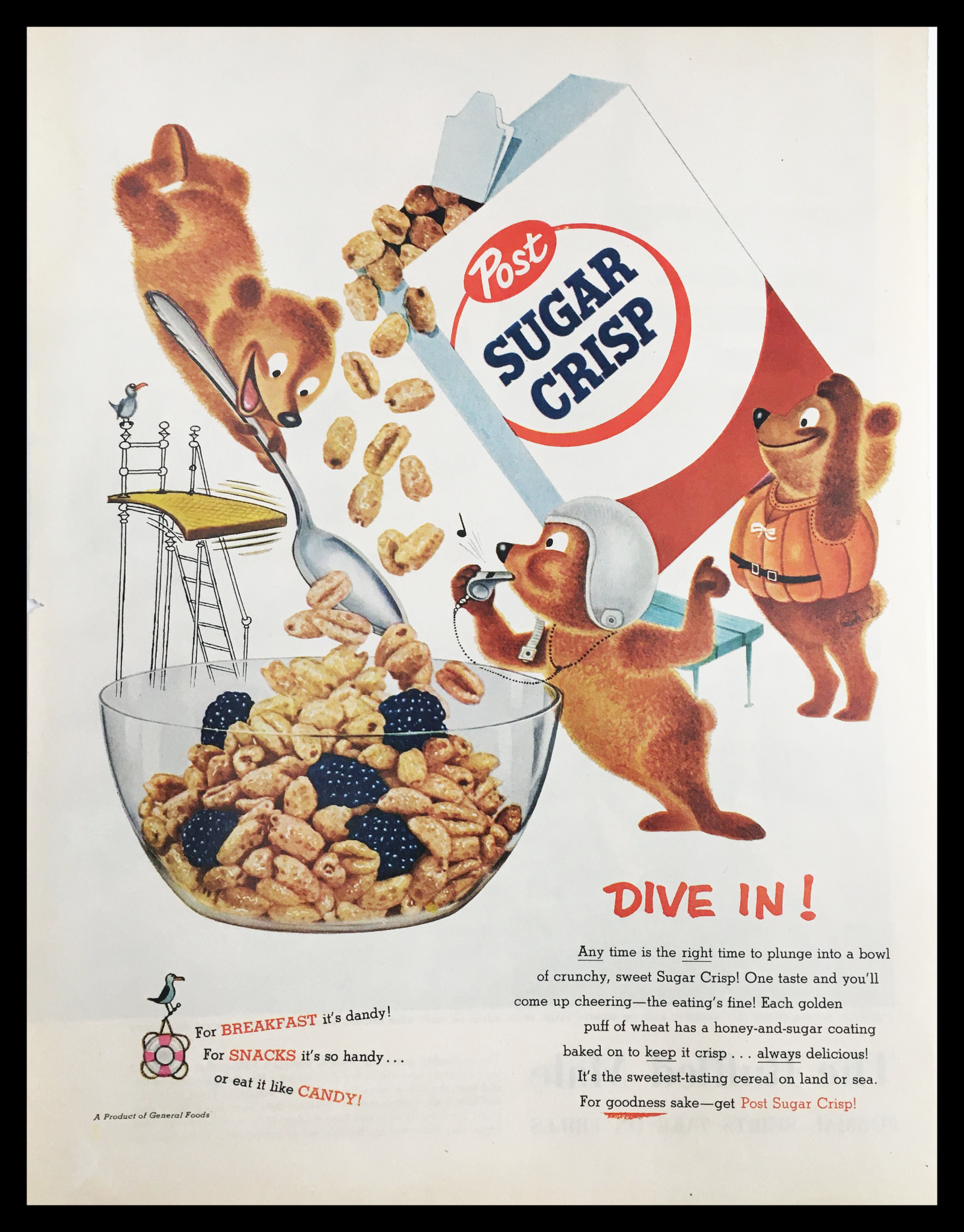 1955 Post Sugar Crisp Golden Puff Cereal Vintage Print Ad