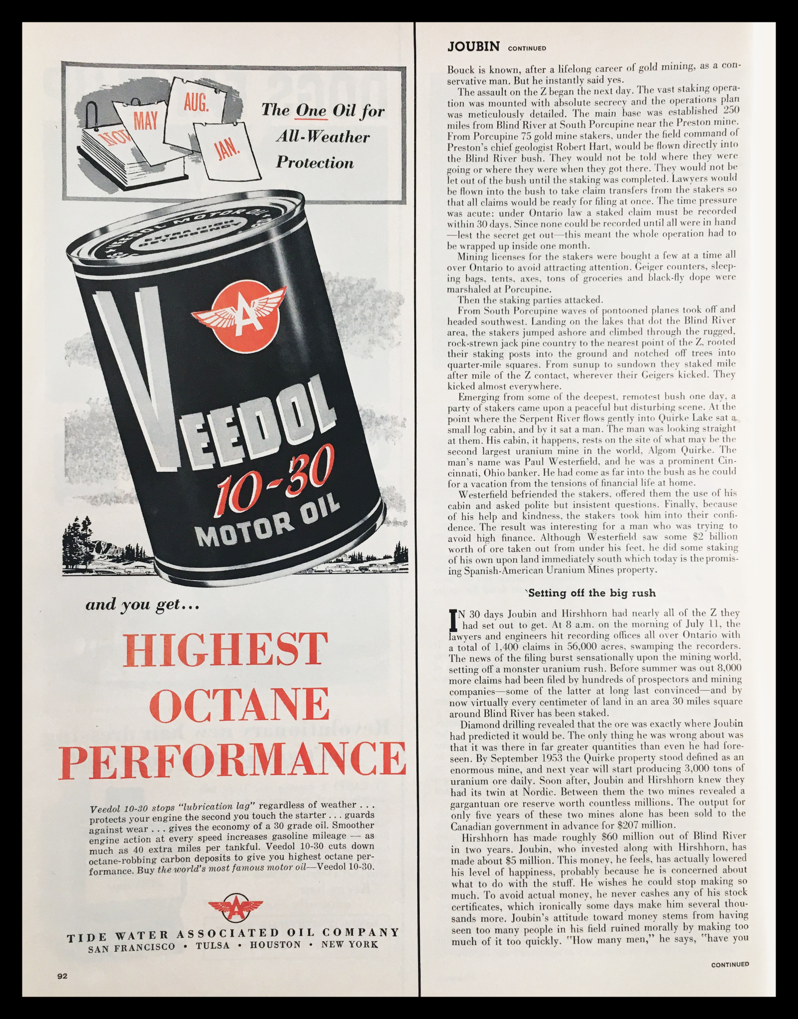 1955 Veedol 10-30 Motor Oil Vintage Print Ad