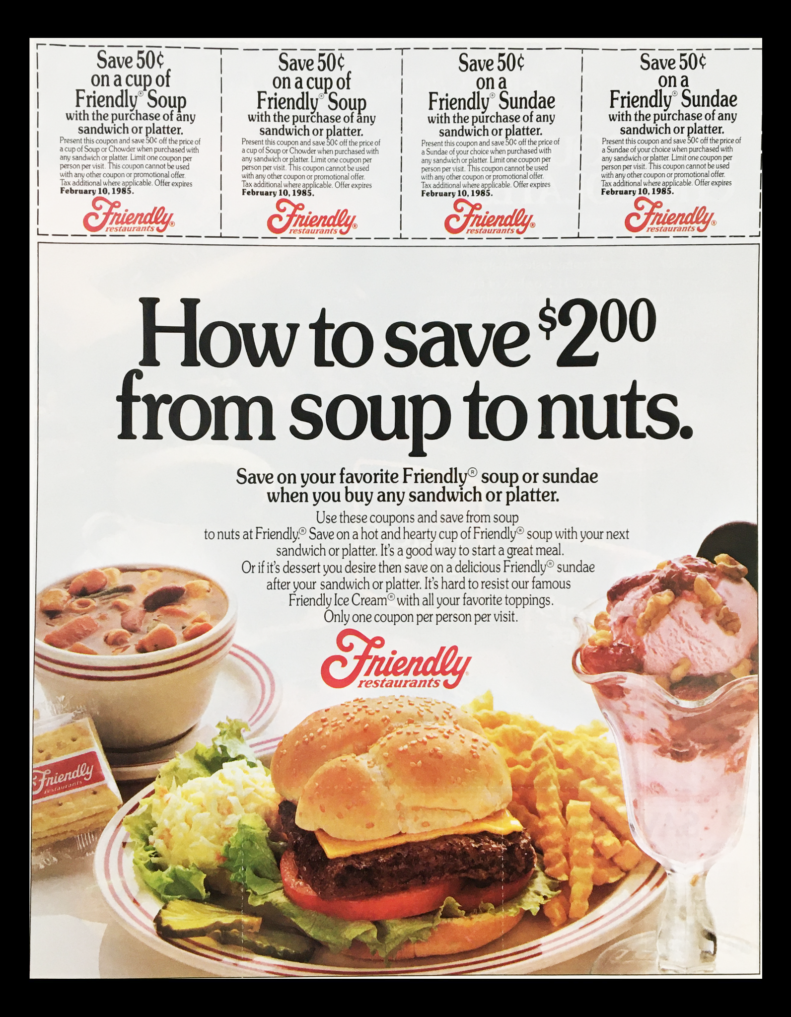 1985 Friendly Restaurant Soup or Sundae Circular Coupon Advertisement