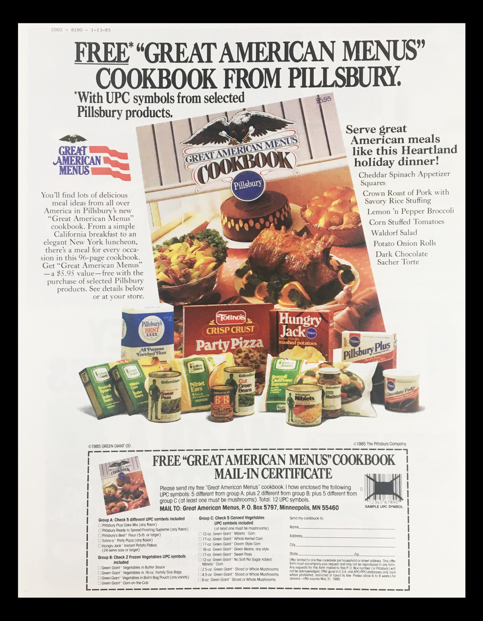 1985 Pillsbury Great American Menus Cookbook Circular Coupon Advertisement