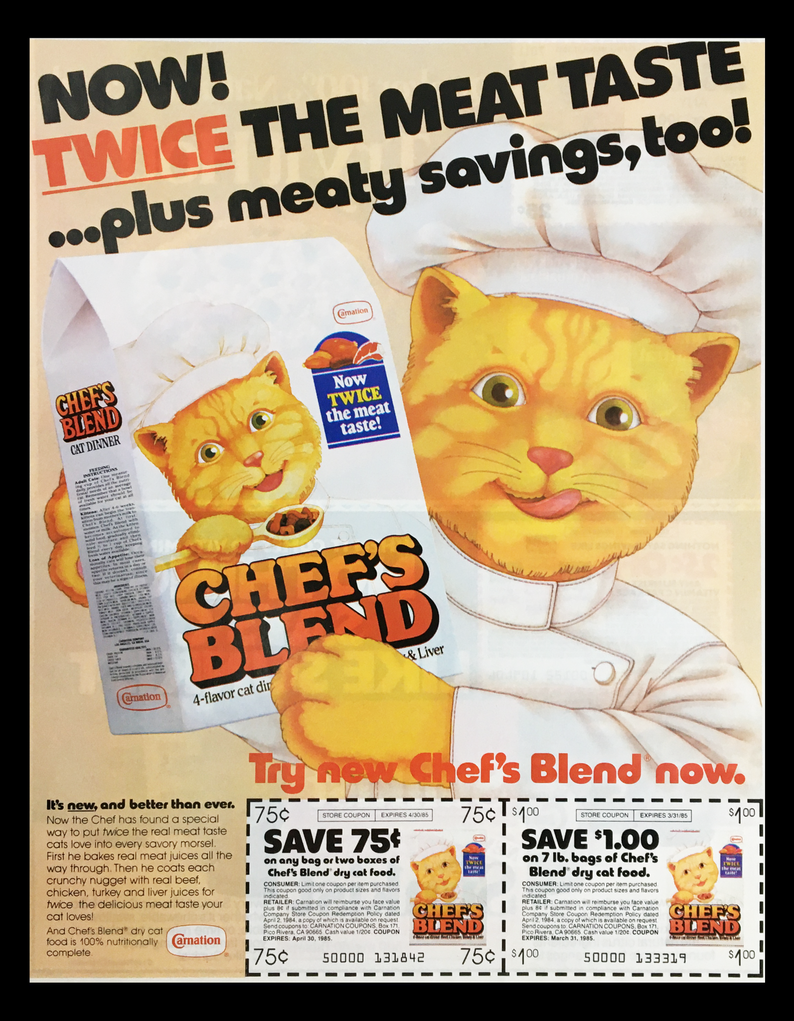 1985 Chef's Blend Cat Dinner Circular Coupon Advertisement