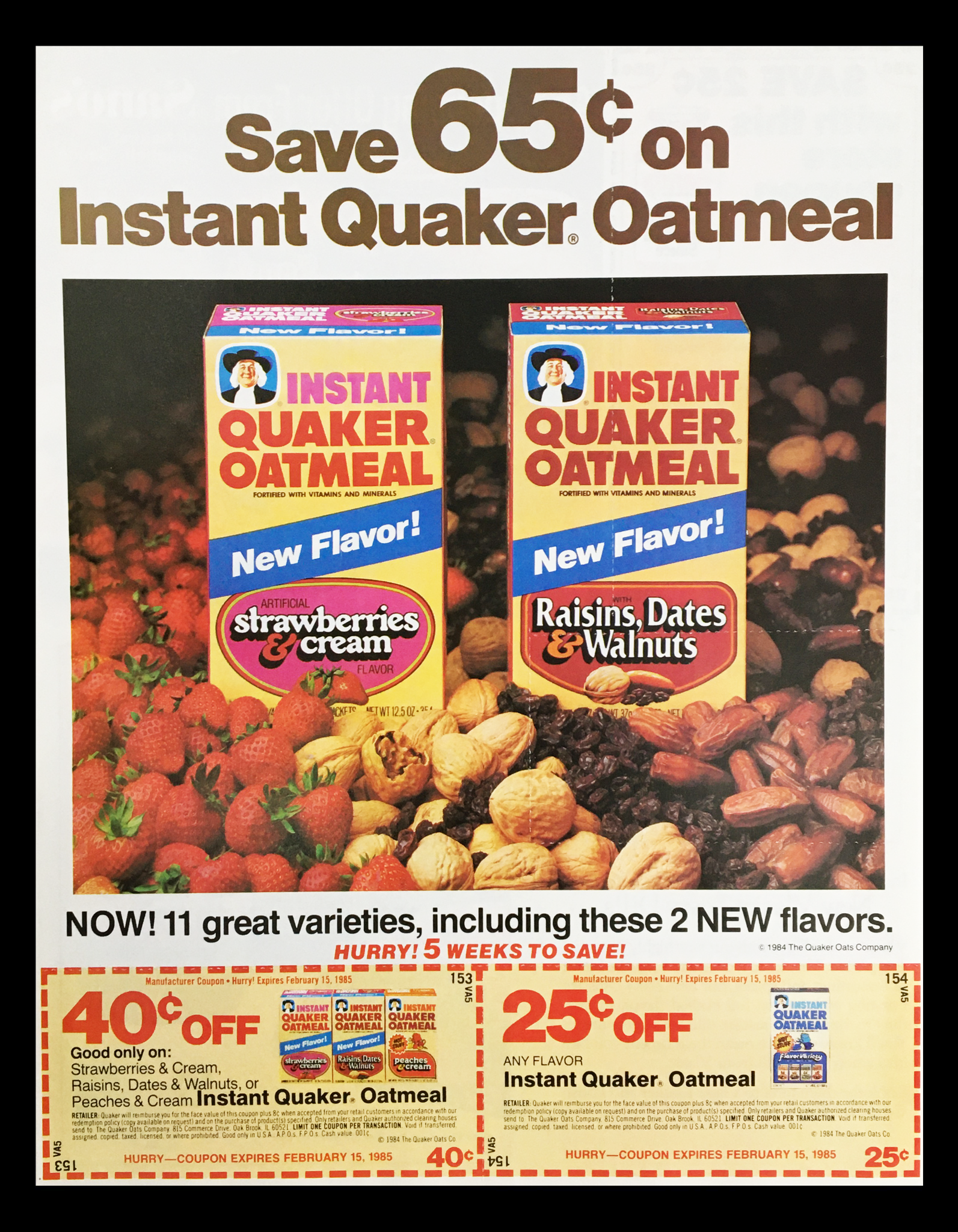 1985 Quaker Instant Oatmeal Circular Coupon Advertisement