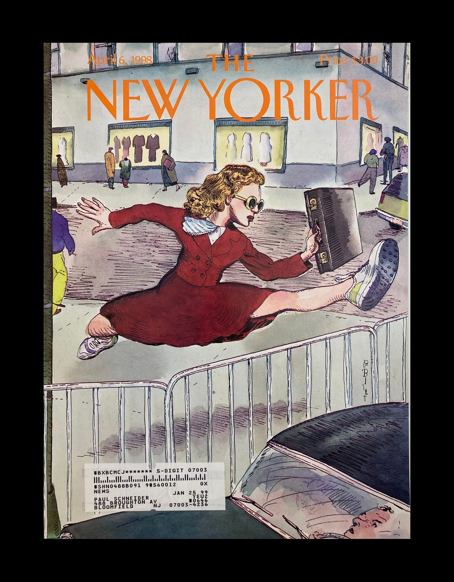 COVER ONLY The New Yorker April 6 1998 Taking It in Stride by Barry Blitt