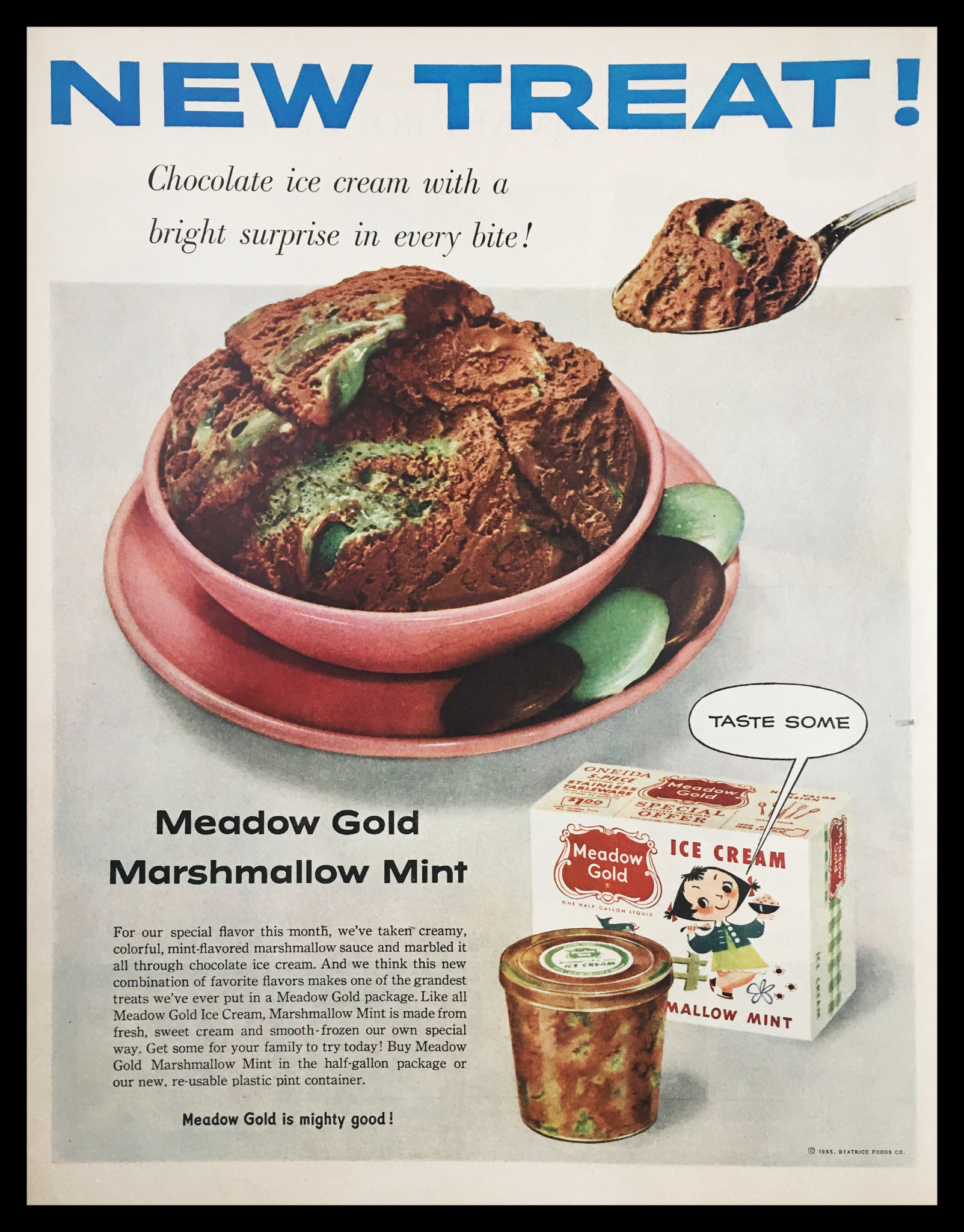 1955 Meadow Gold Marshmallow Mint Ice Cream Vintage Print Ad