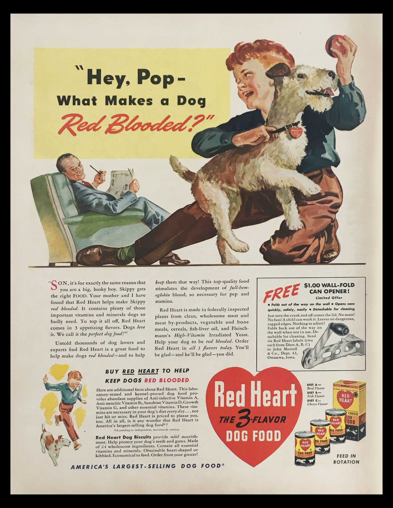 1941 Red Heart The 3-Flavor Dog Food Vintage Print Ad