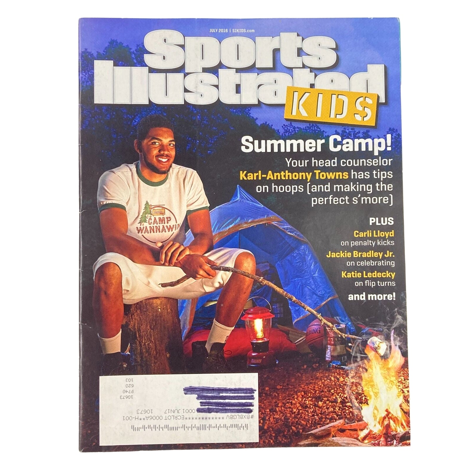 Cover of Sports Illustrated Kids, July 2016, featuring Karl-Anthony Towns by a campsite, promoting a summer camp theme for kids. Lot of 7 2000s 2010s Sports Illustrated Kids magazines NFL Tom Brady NO CARDS.