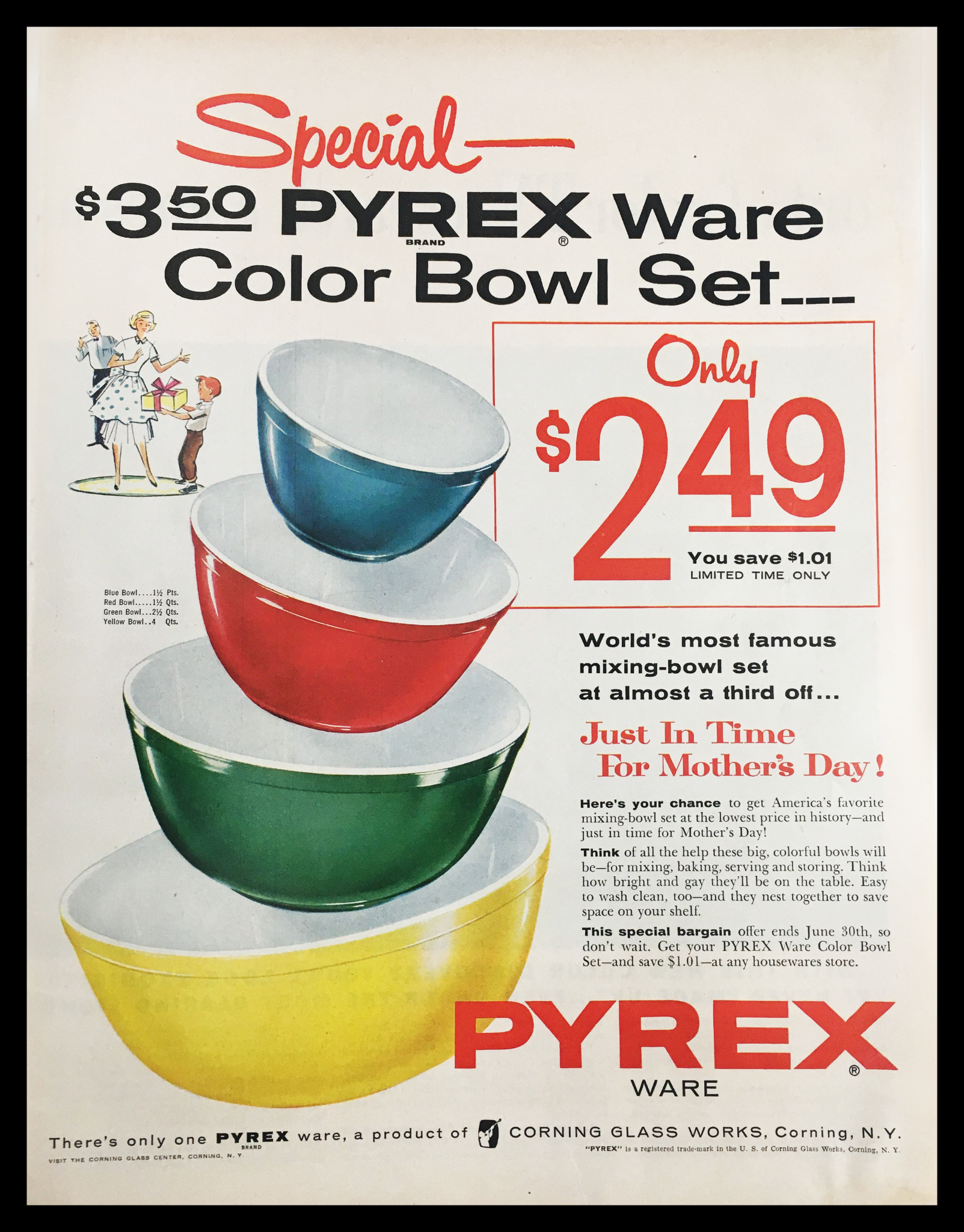 1955 Pyrex Ware Color Bowl Set Vintage Print Ad