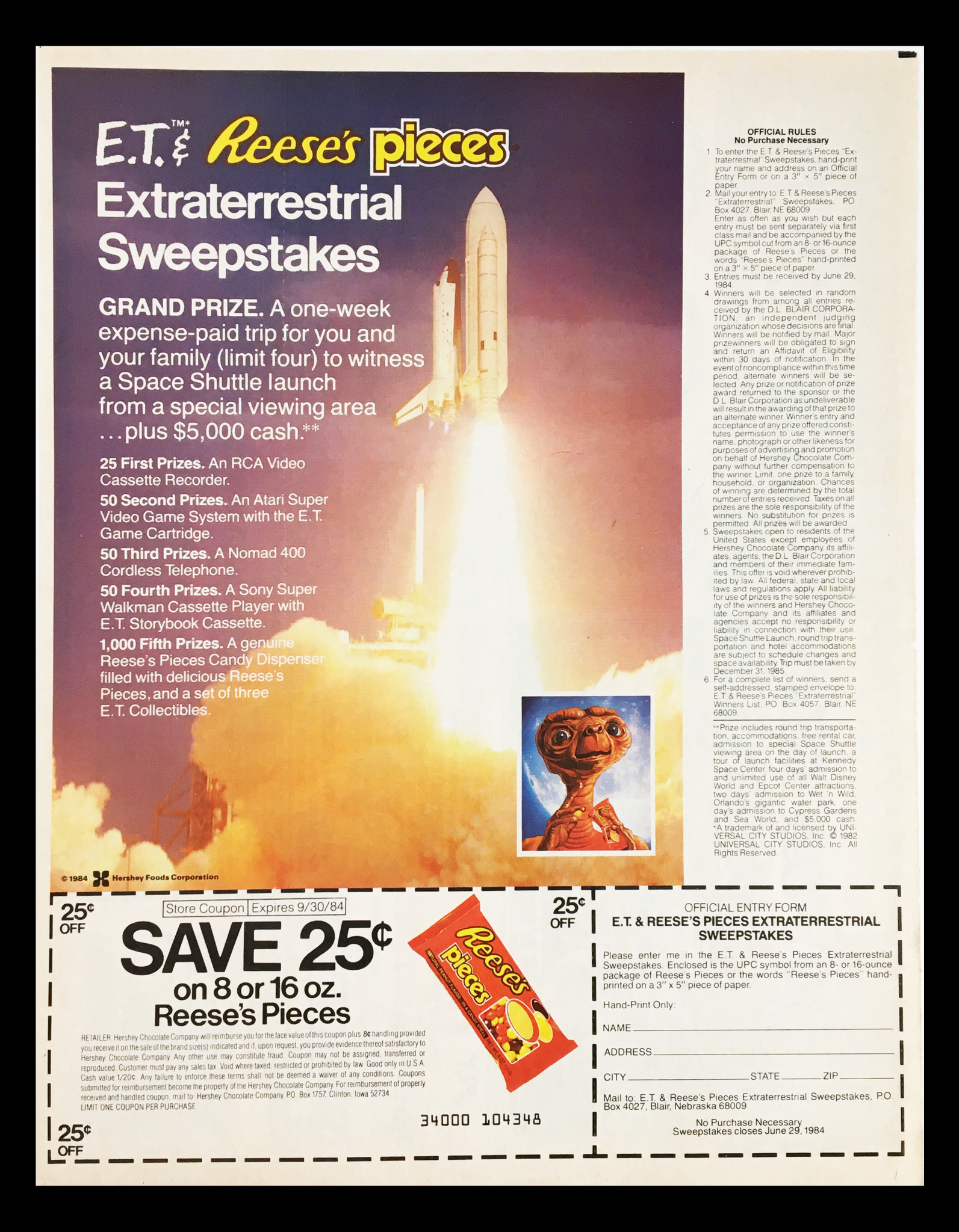 1984 Reese's Pieces Extraterrestrial Sweepstakes Circular Coupon Advertisement