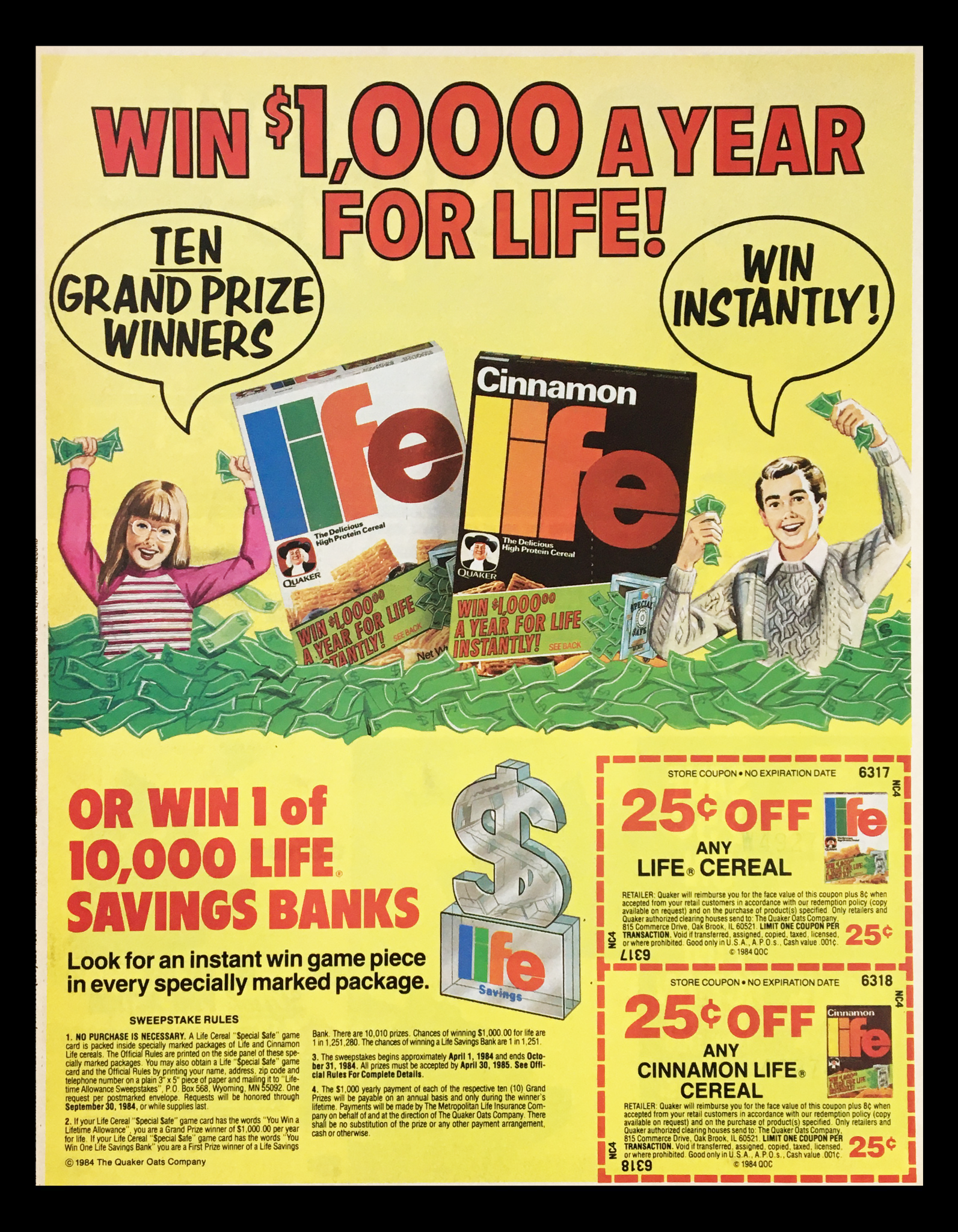 1984 Quaker Life Cereal Circular Coupon Advertisement