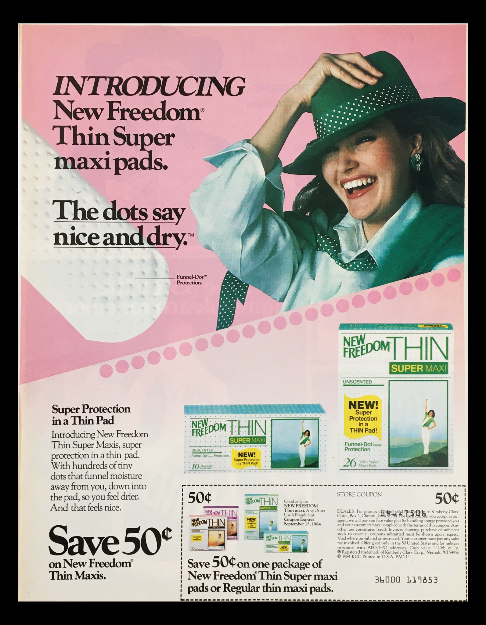 1984 Freedom Thin Super Maxi Unscented Pads Coupon Advertisement