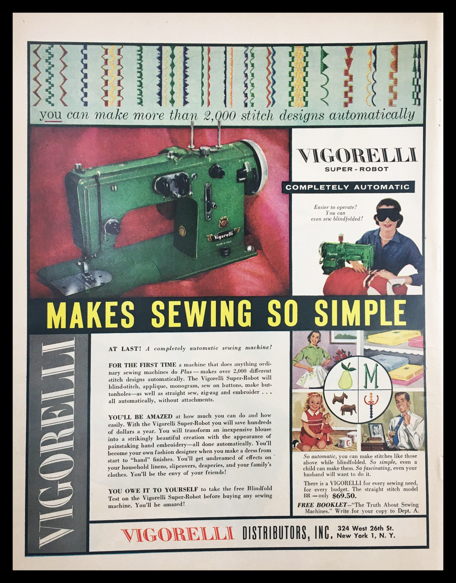 1955 Vigorelli Super-Robot Sewing Machine Vintage Print Ad