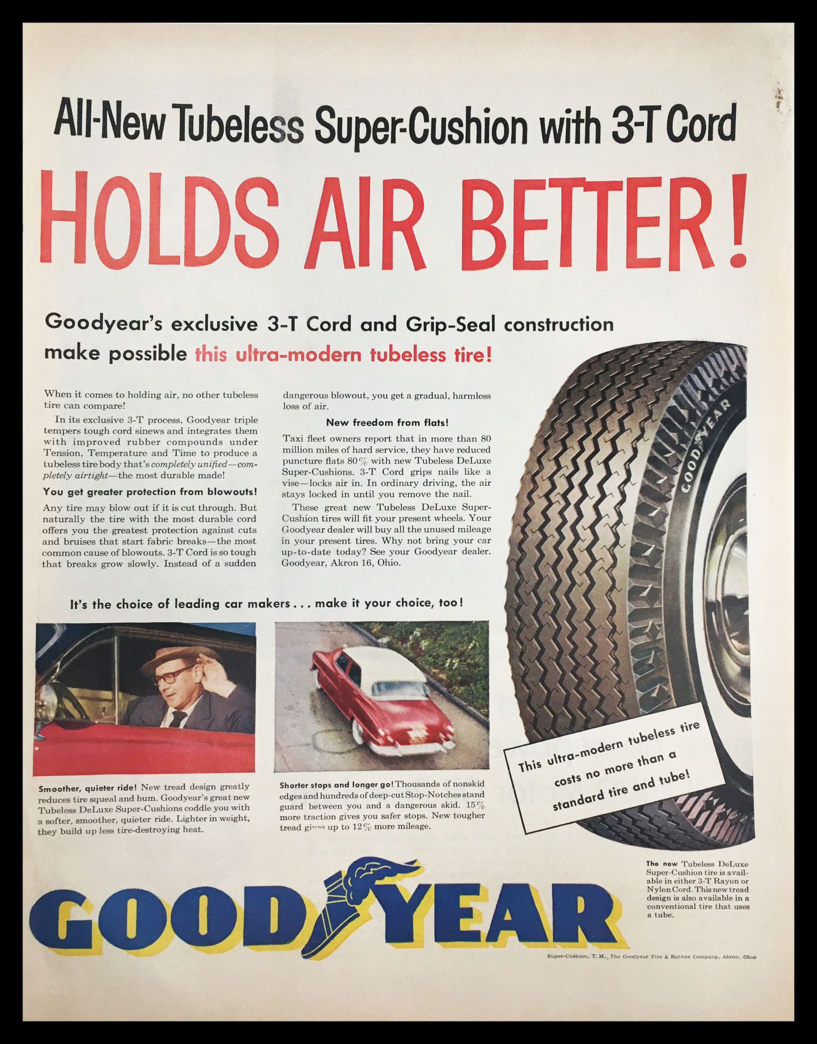 1955 Goodyear Tubeless Super-Cushion 3-T Cord Vintage Print Ad