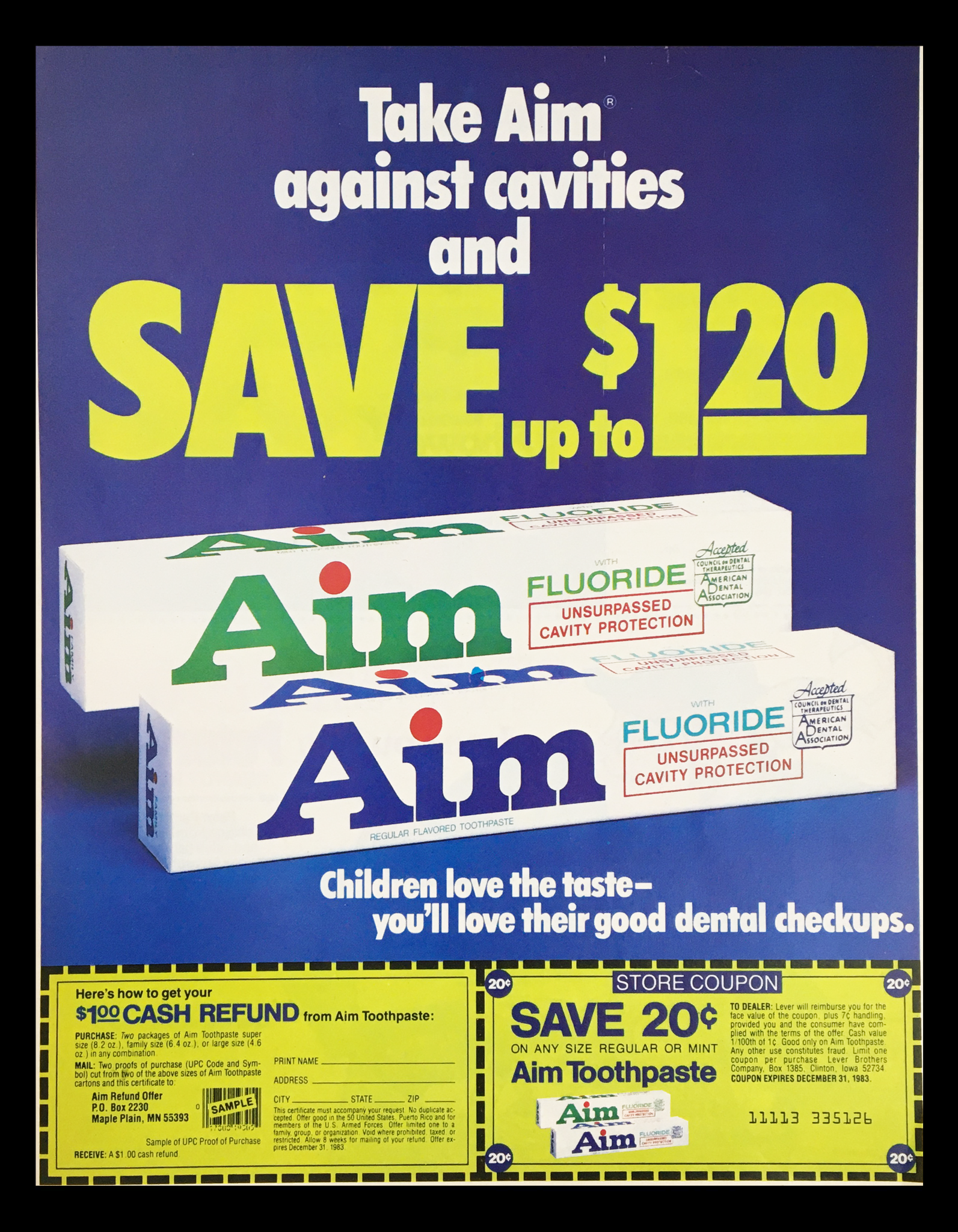 1983 Aim Regular Flavored Toothpaste Circular Coupon Advertisement