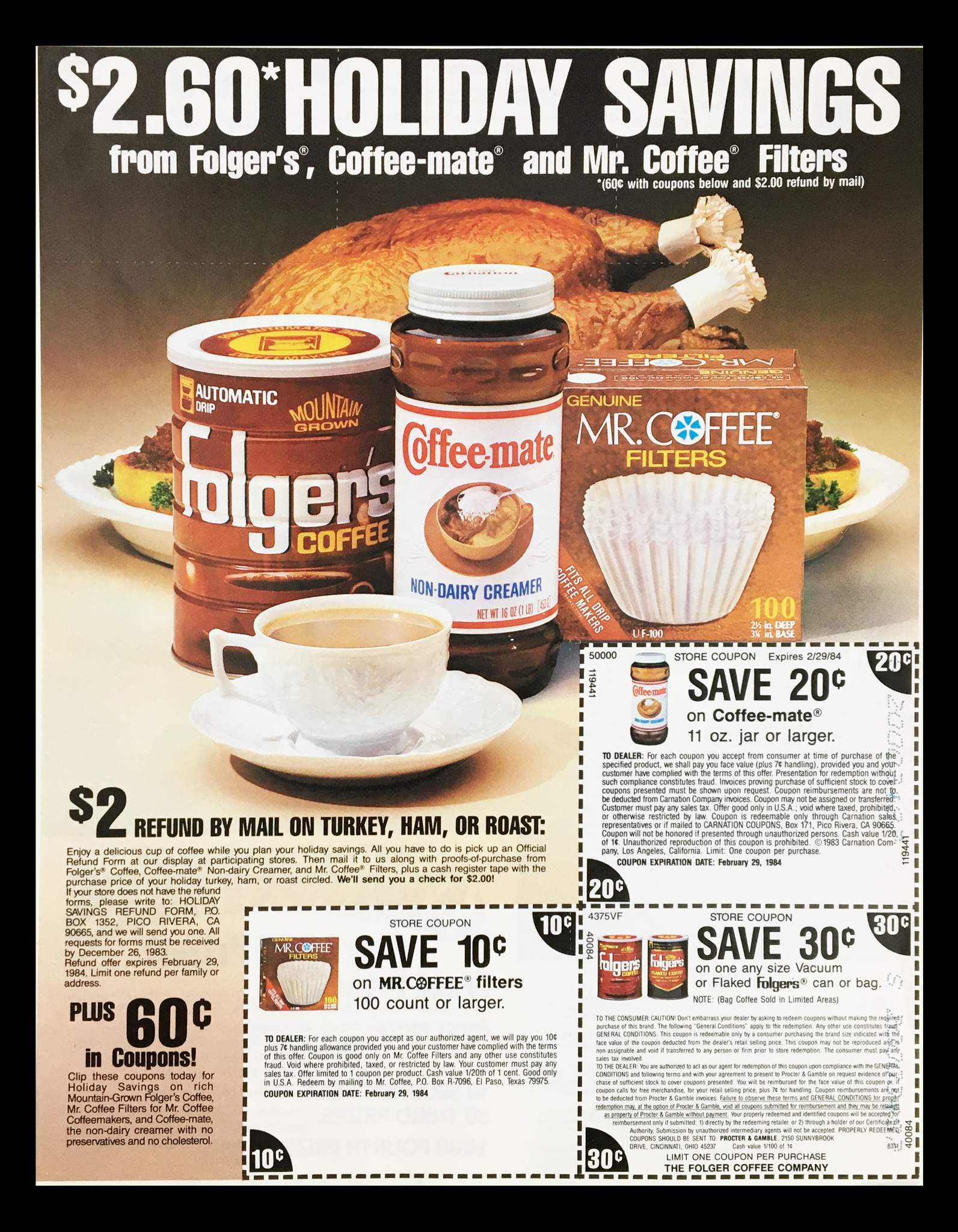 1984 Folger's Coffee Holiday Savings Circular Coupon Advertisement