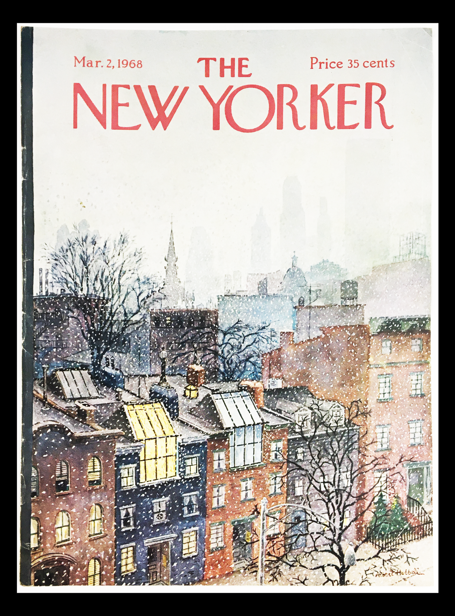 Vintage cover of The New Yorker magazine from March 2, 1968, featuring a snowy cityscape illustrated by Albert Hubbell, showcasing historic architecture and urban features.