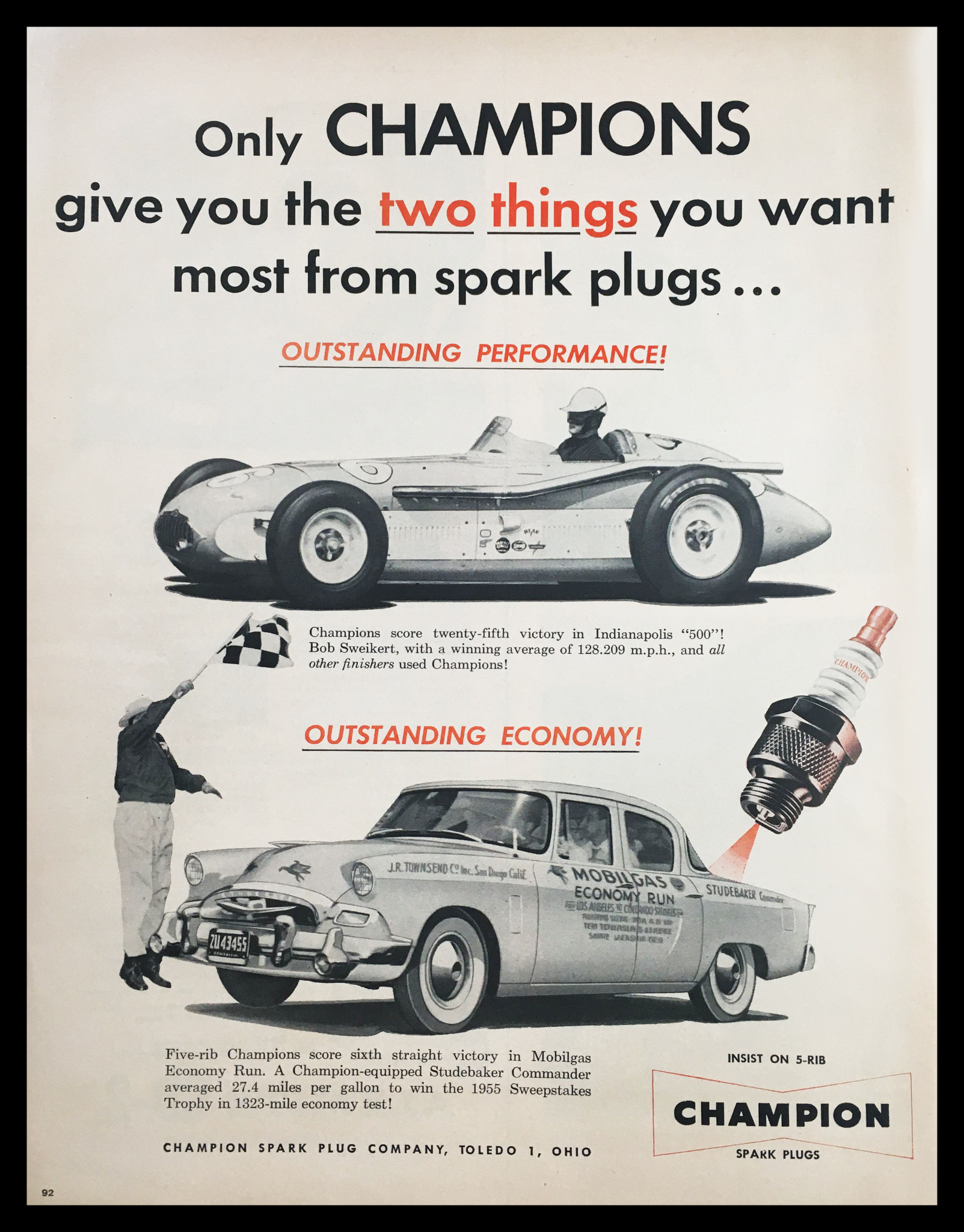 1955 Champion Spark Plugs Vintage Print Ad